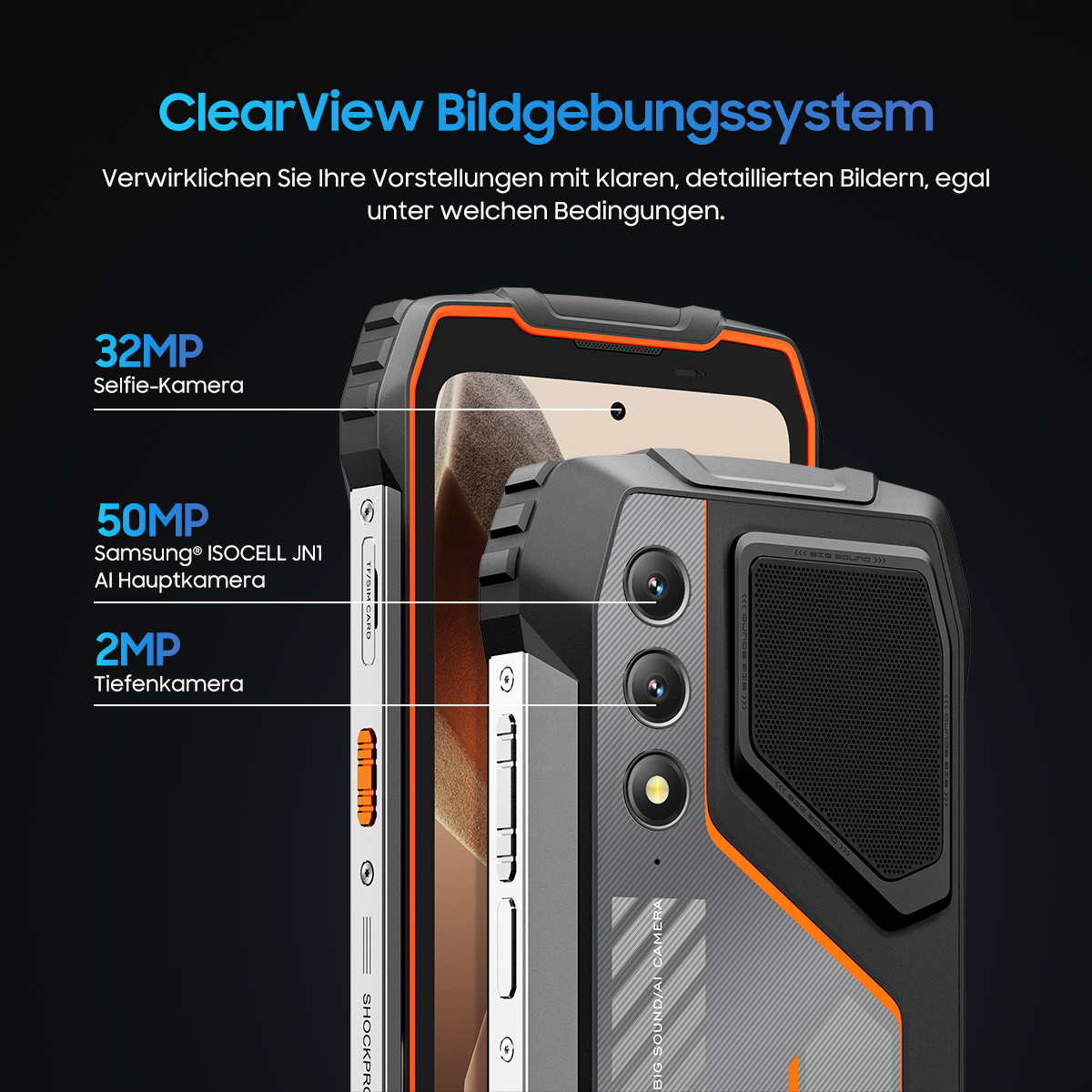 Nahaufnahme eines robusten Smartphones. Es hat drei Kameras, ein orange-schwarzes Design und Textbeschriftungen: 32MP, 50MP und 2MP.