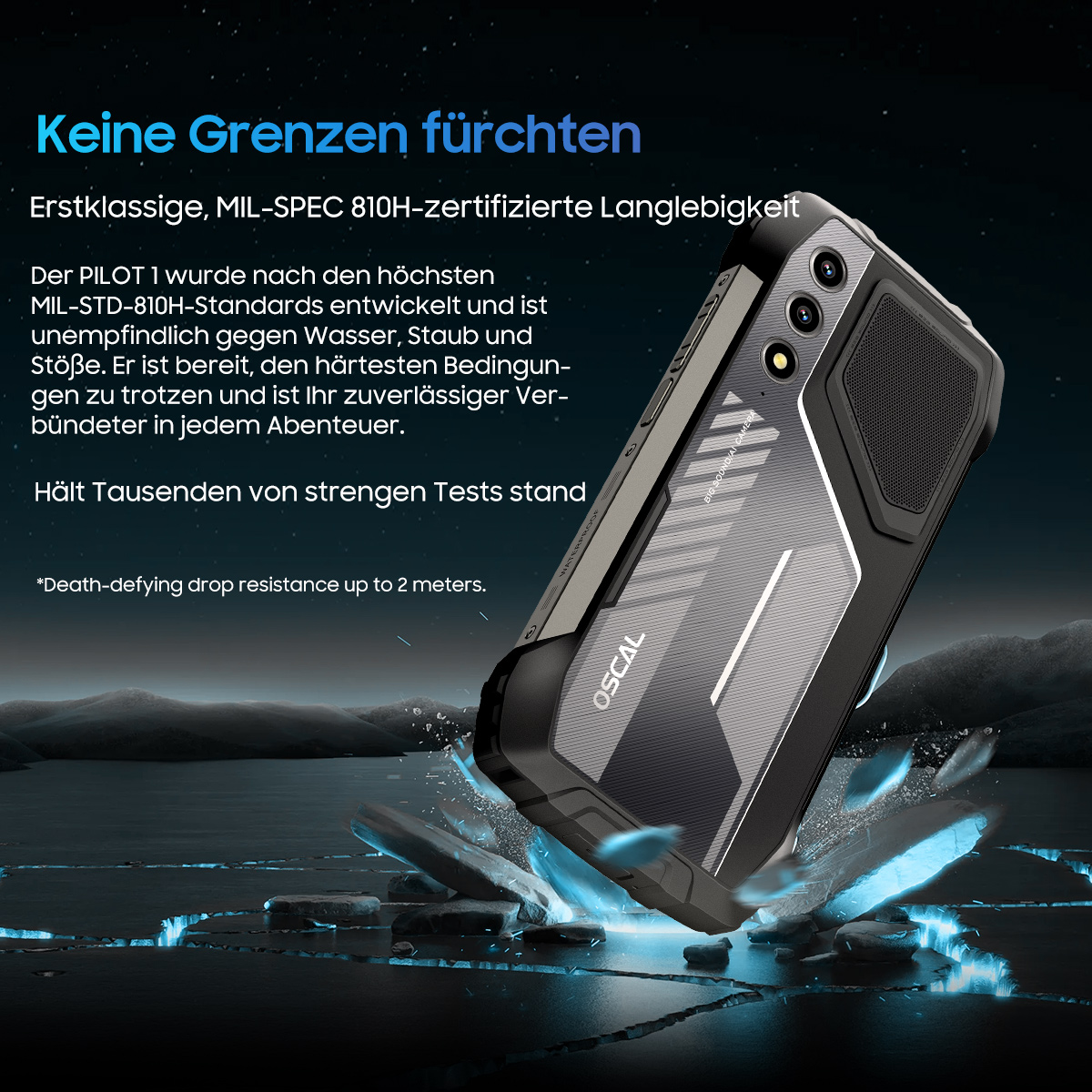 Ein robustes Telefon, OSCAL PILOT 1, wird in einem Winkel gezeigt, mit Text darüber. Das Telefon scheint haltbar zu sein, mit einem Hintergrund aus zerbrochenem Boden.