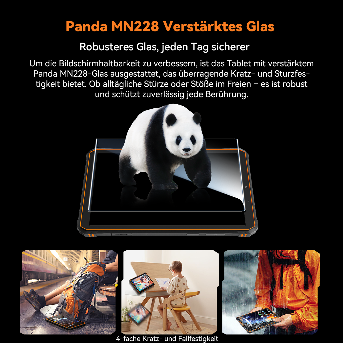 Ein Panda steht auf einem Tablet mit Displayschutz. Darunter zeigen Bilder die Tabletnutzung in verschiedenen Szenarien, die Haltbarkeit hervorheben.