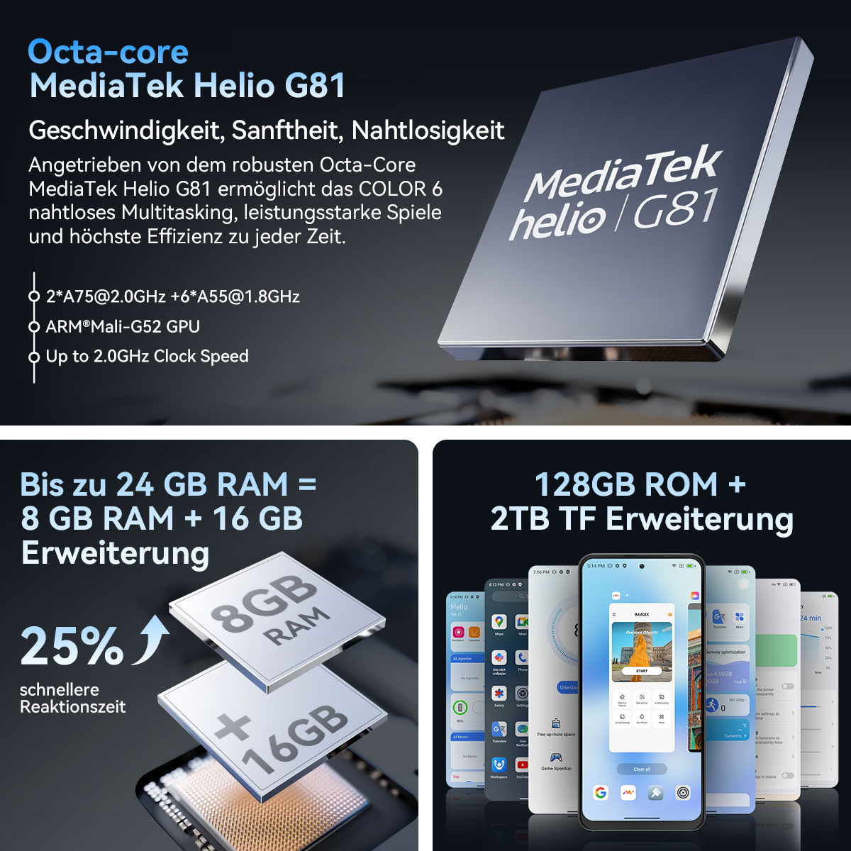 Das Bild zeigt MediaTek Helio G81, RAM-, ROM-Spezifikationen und Telefonbildschirme mit Apps.