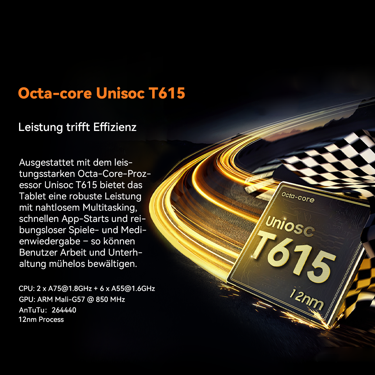 Werbung für den Unisoc T615 Prozessor. Es hat einen schwarzen Hintergrund, goldene Streifen und ein Tech-Chip-Bild.