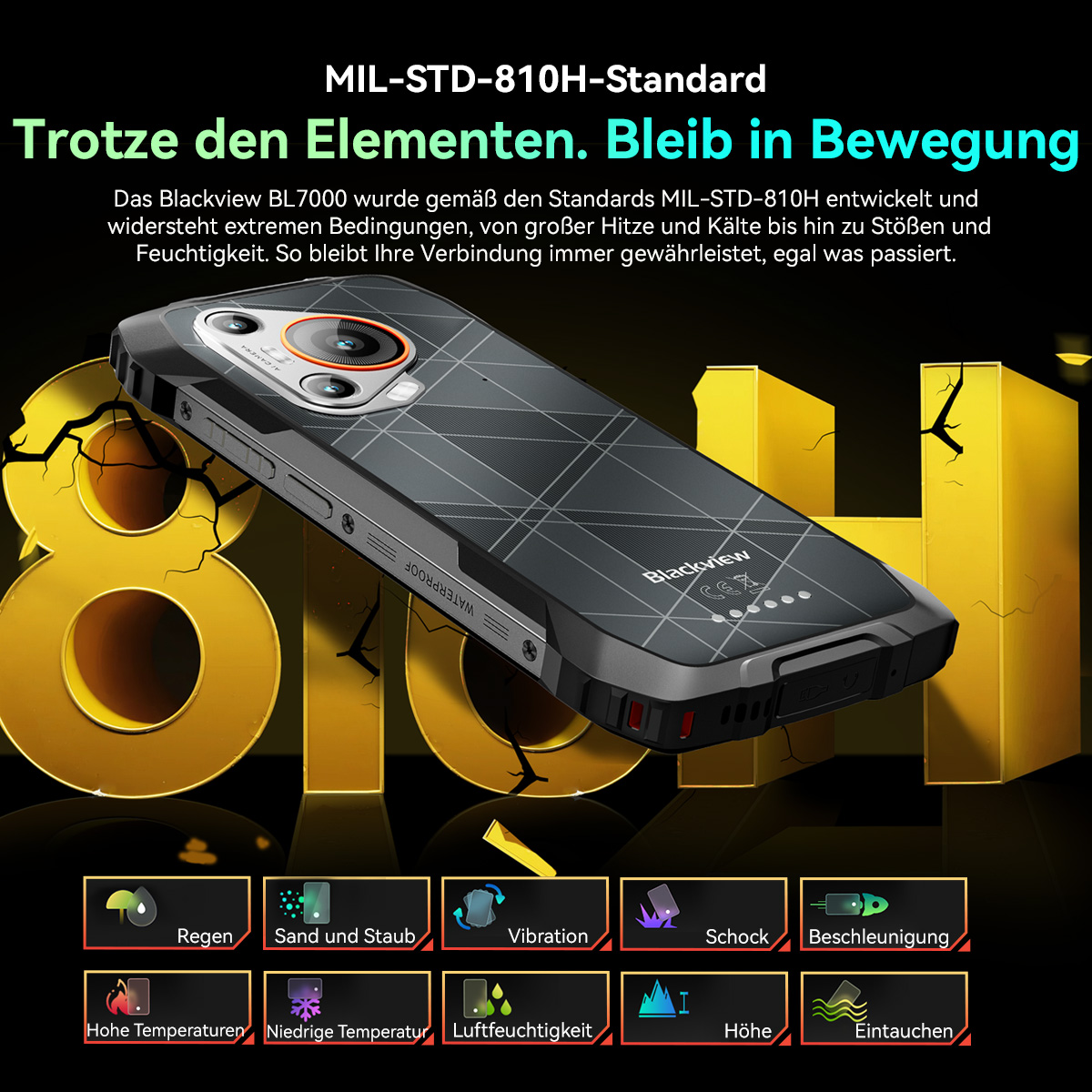 Ein Blackview-Telefon mit Kamera wird angezeigt. Das Telefon ist wasserdicht und widerstandsfähig gegen extreme Bedingungen, wie der Text angibt.