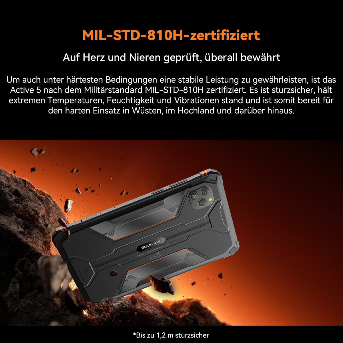 Schwarze Handyhülle mit orangefarbenen Akzenten. Der Hintergrund zeigt eine feurige, felsige Umgebung, die Haltbarkeit suggeriert.