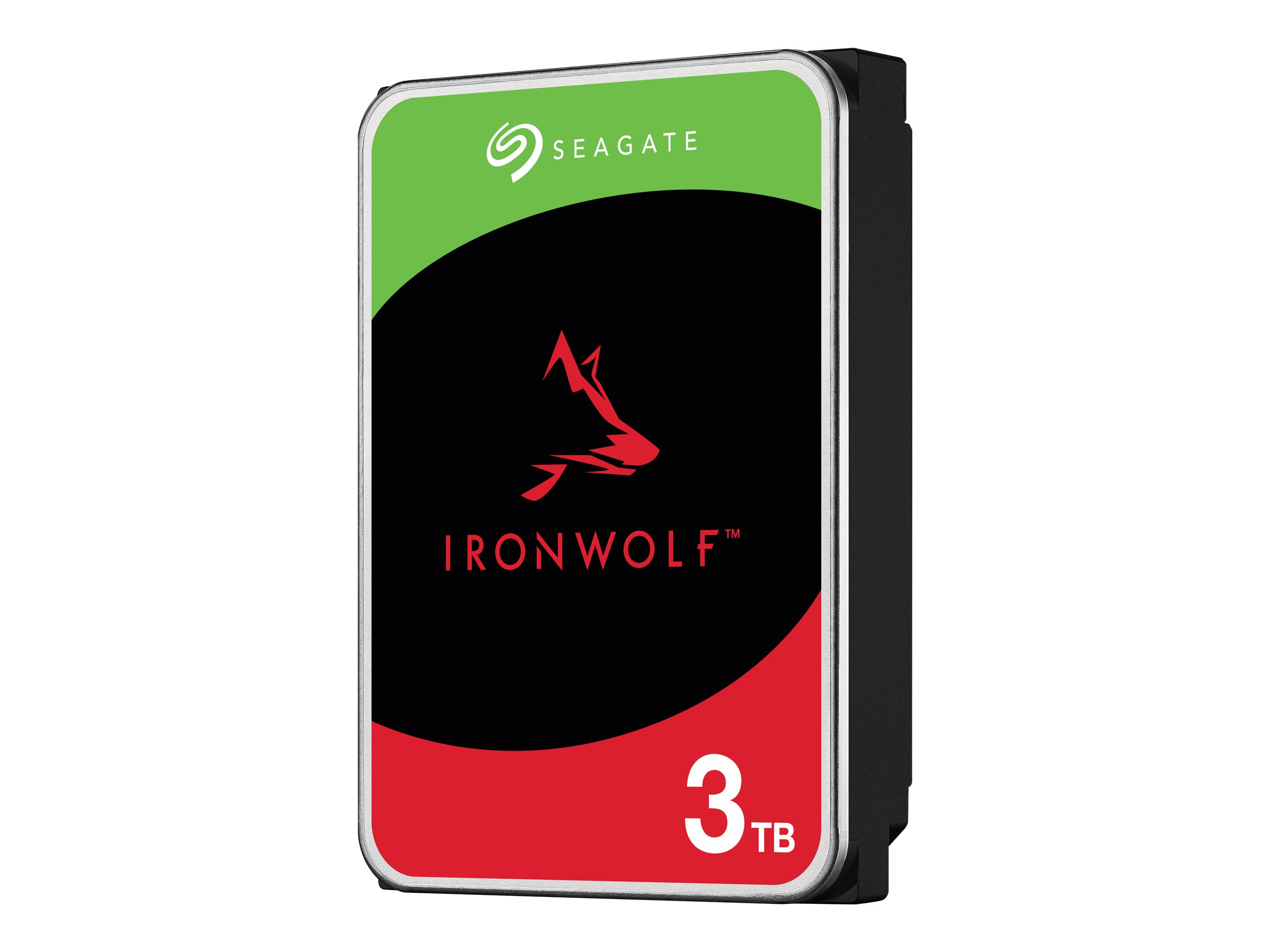 Dysk twardy z zieloną, czarną i czerwoną etykietą z logo Seagate, tekstem Ironwolf i pojemnością 3TB.