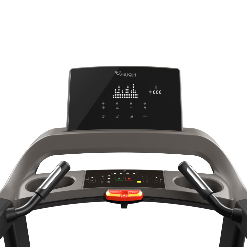 A treadmill with a digital display showing numbers and a graph. It has handles and an emergency stop button.