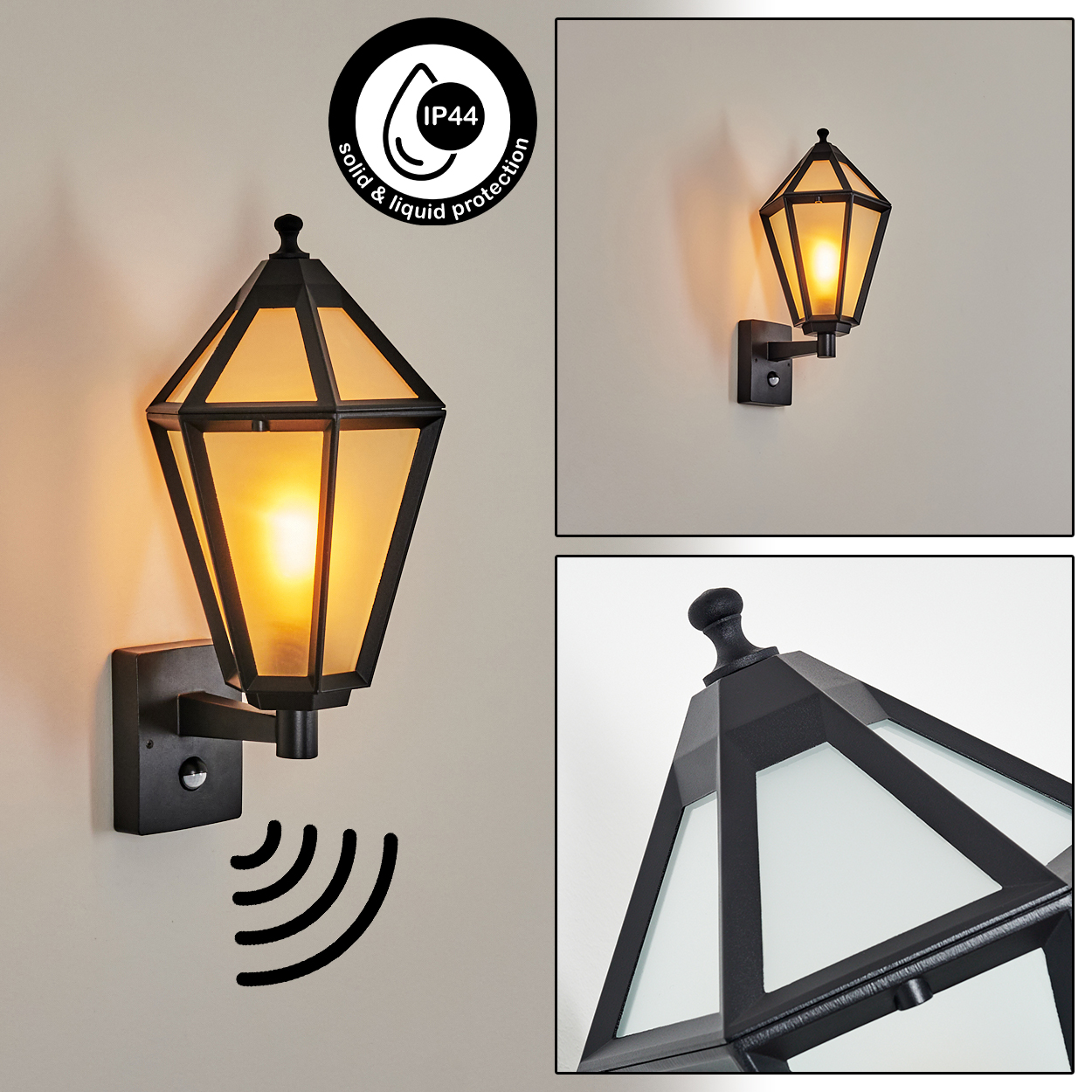 Schwarze Außenwandleuchte mit geometrischem Design, Sensor und IP44-Schutz. Die Lampe strahlt warmes Licht aus und ist an einer beigen Wand montiert.
