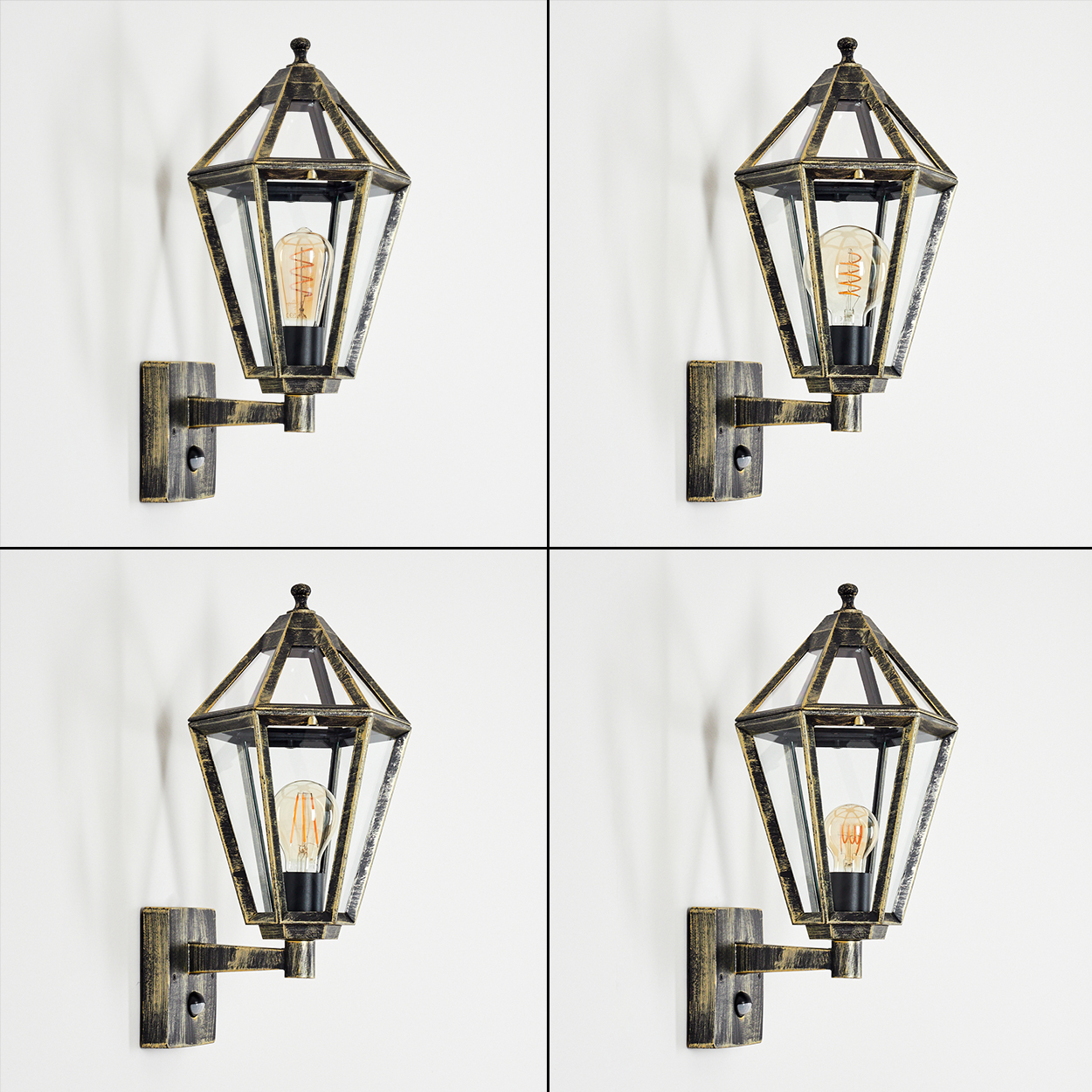 Vier identische Wandlampen im Vintage-Design. Jede hat einen bronzefarbenen Rahmen, Glasscheiben und eine sichtbare Glühbirne, montiert an einer weißen Wand.