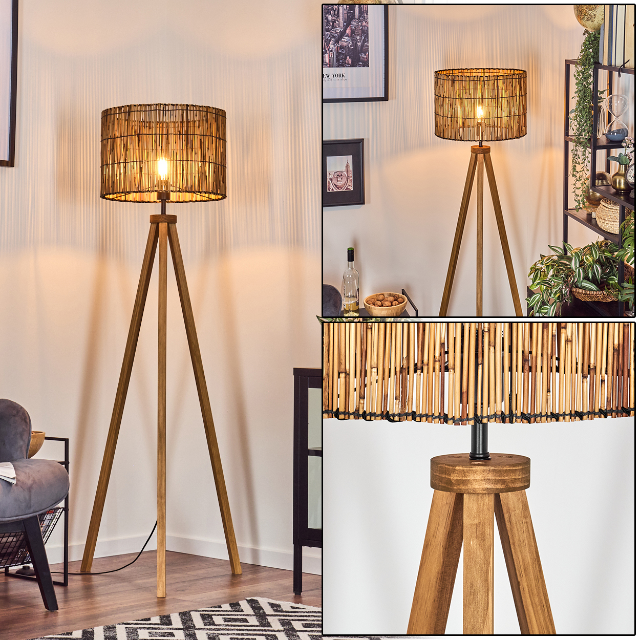 Eine Holz-Stativlampe mit gewebtem Lampenschirm ist der Hauptfokus. Der Hintergrund umfasst Möbel, einen Teppich und Dekorationen.