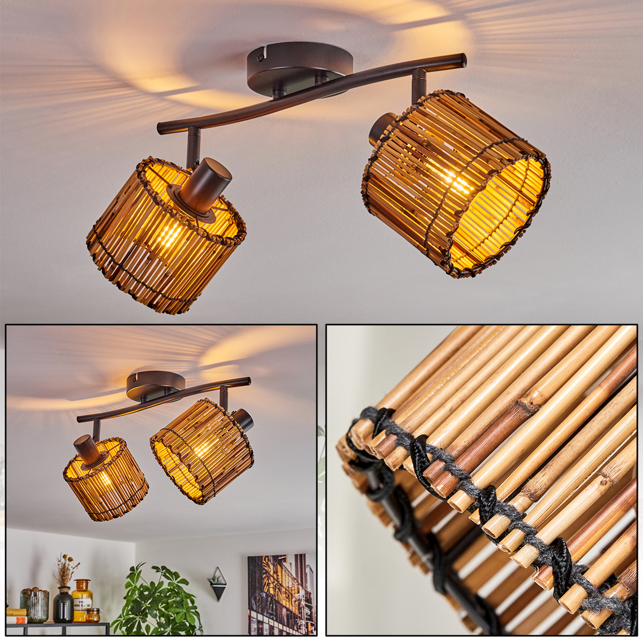 Eine Deckenlampe mit zwei Bambus-Lampenschirmen. Die Lampe ist schwarz und hat ein offenes Design.