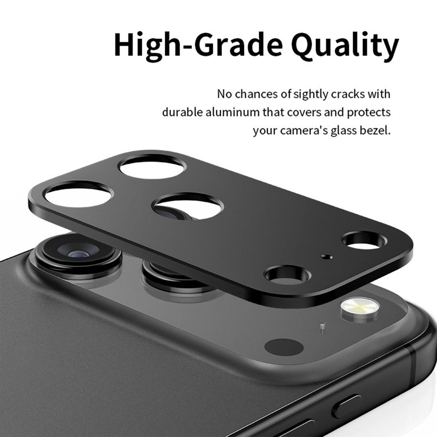 Schwarzes Telefon mit einem Kameraobjektivschutz. Der Schutz ist schwarz und bedeckt die Kameralinsen. Der Text oben lautet: High-Grade Quality.