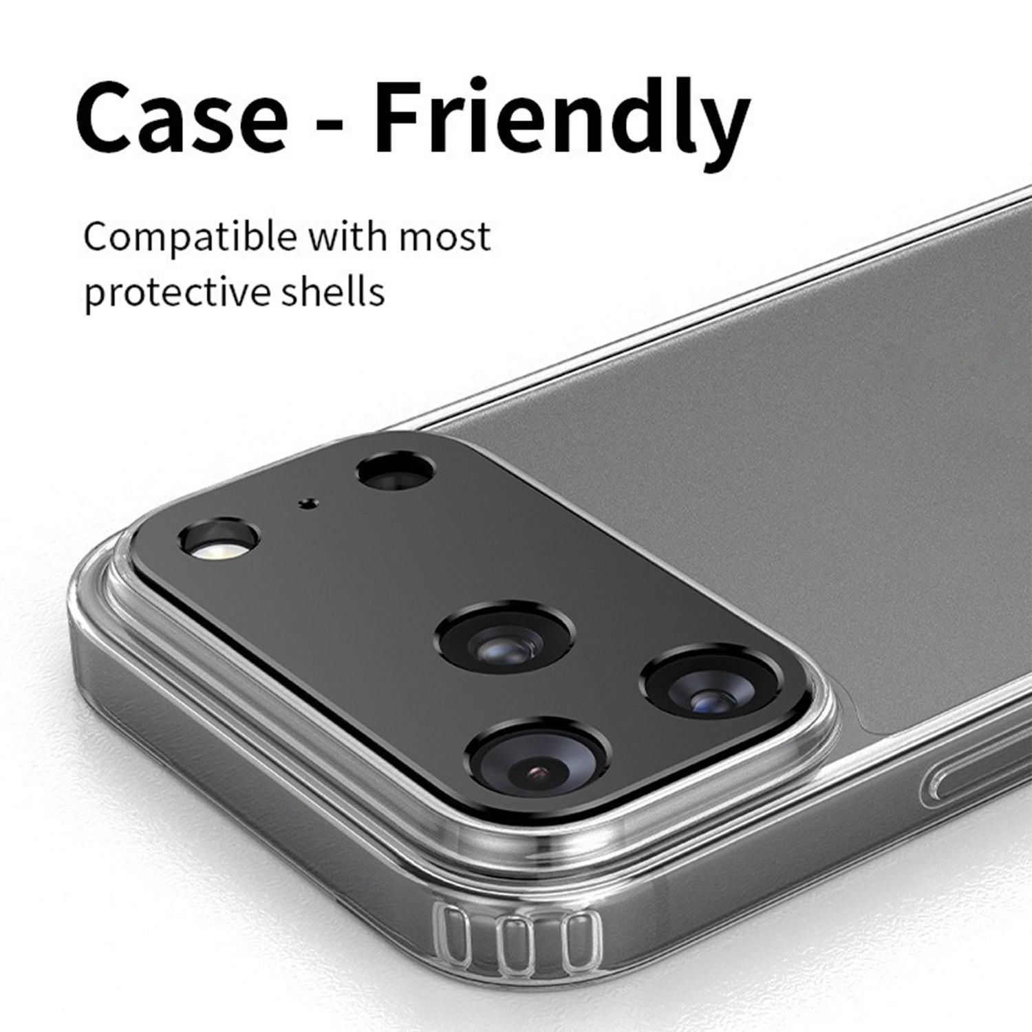 Eine transparente Handyhülle mit dunklem Kamerabereich. Der Text "Case - Friendly" steht über der Hülle, "Compatible with most protective shells" darunter.