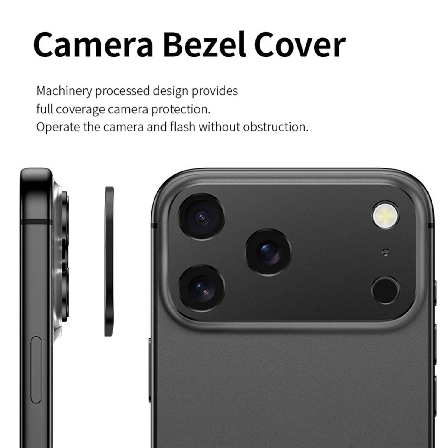 Das Bild zeigt eine Handy-Kamera-Blendenabdeckung, einen Schutzring. Die Abdeckung ist schwarz. Das Telefon hat mehrere Kameralinsen und einen Blitz.