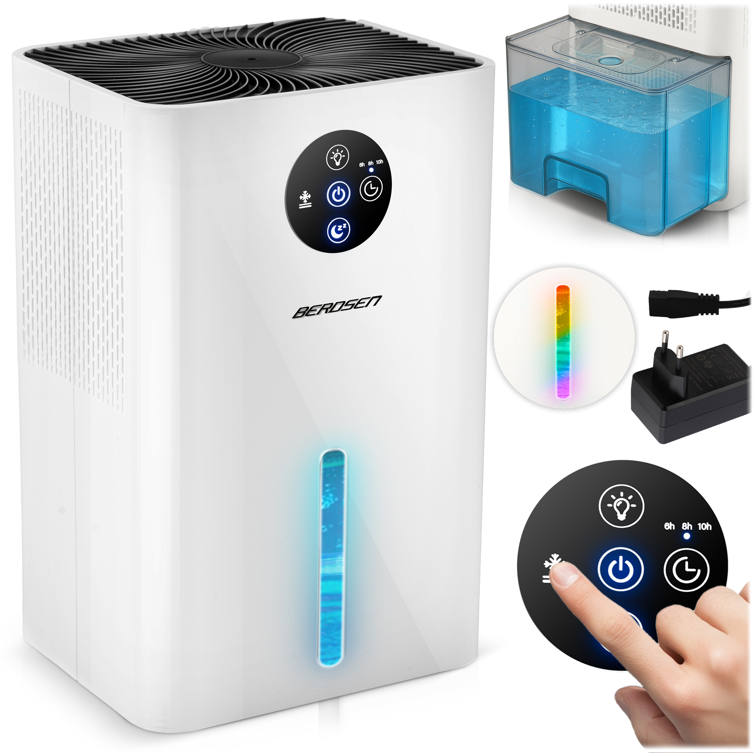 Biały oczyszczacz powietrza z czarnym blatem, panelem sterowania i niebieskim wskaźnikiem świetlnym. Akcesoria: zbiornik wody i adapter.