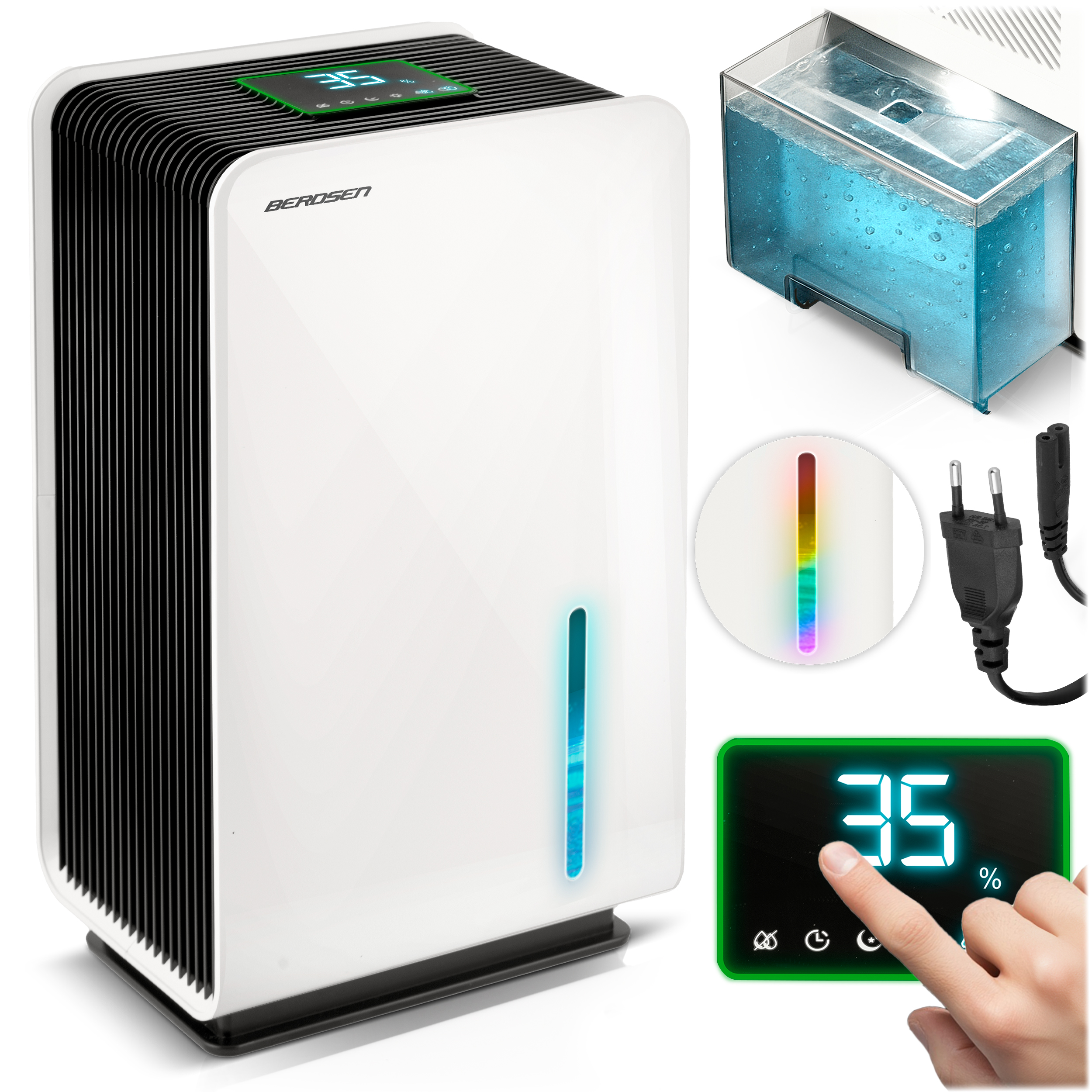 Biały oczyszczacz powietrza z czarnym wentylem. Wyświetlacz cyfrowy pokazuje 35%. Zbiornik na wodę i wtyczka również widoczne. Ręka dotyka ekranu.