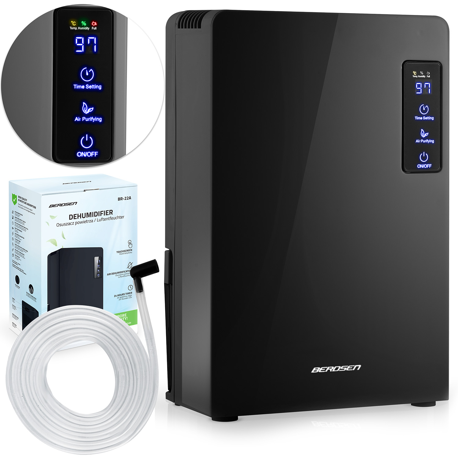 Czarny osuszacz powietrza z cyfrowym wyświetlaczem '97'. Pudełko i biała rurka z przodu. Tło jest proste.