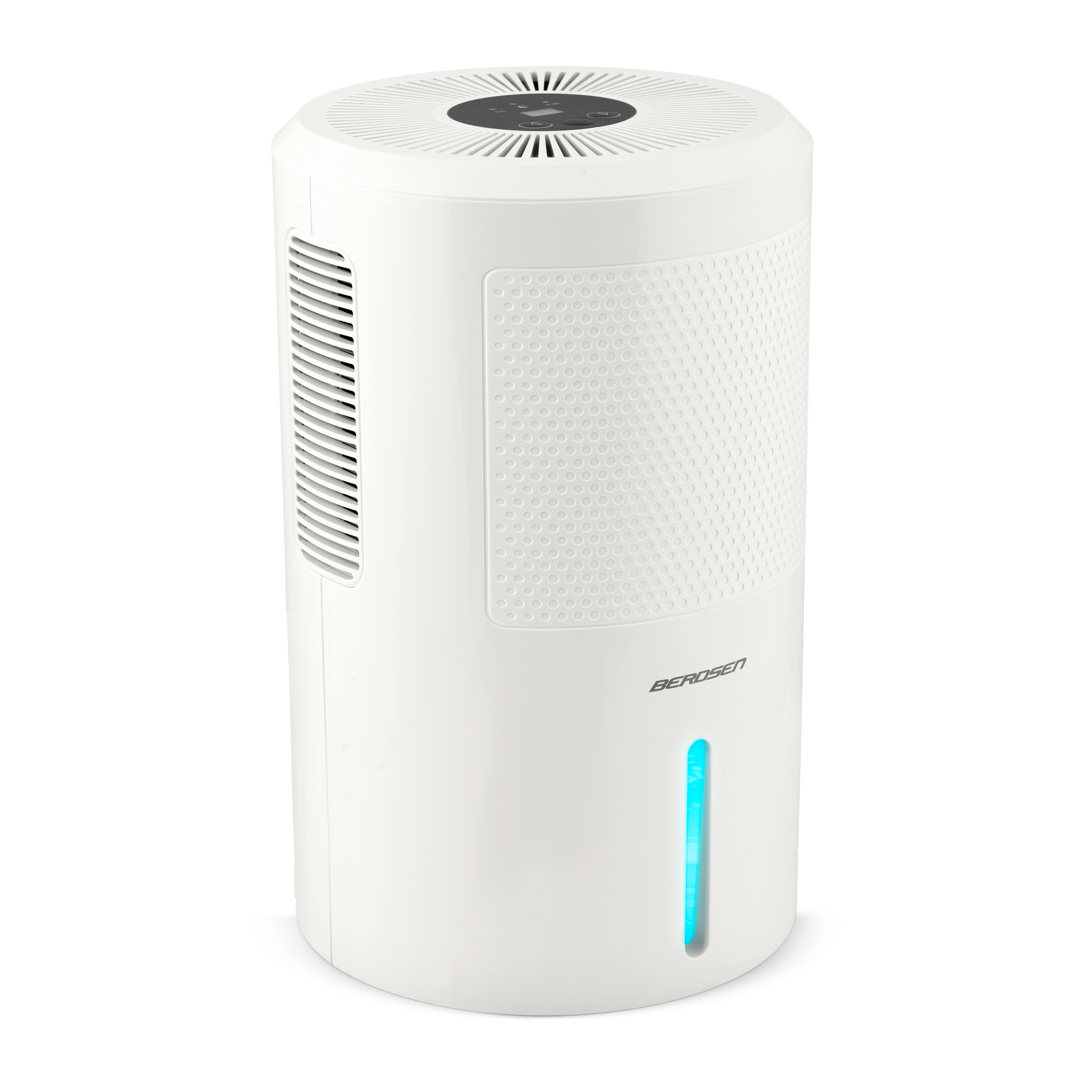 Biały oczyszczacz powietrza z czarnym blatem. Posiada otwory wentylacyjne i niebieski wskaźnik świetlny. Widoczna marka 'BEROSEN'.