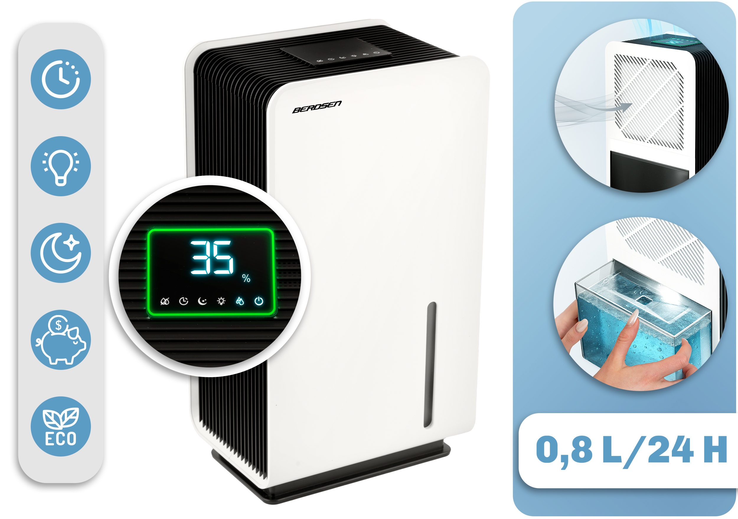 Biało-czarny oczyszczacz powietrza z cyfrowym wyświetlaczem pokazującym 35%. Zawiera szczegóły zbiornika na wodę i ikony.