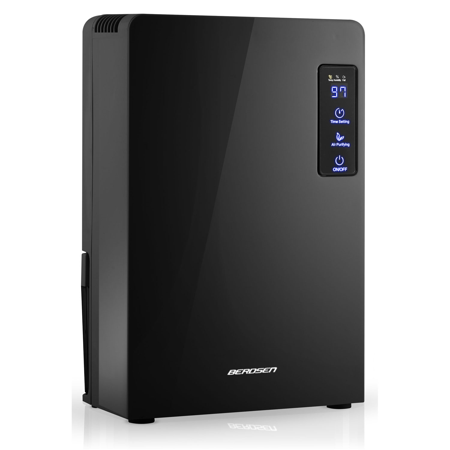 Czarny oczyszczacz powietrza z cyfrowym wyświetlaczem '97'. Przyciski do ustawiania czasu, oczyszczania i włączania/wyłączania.