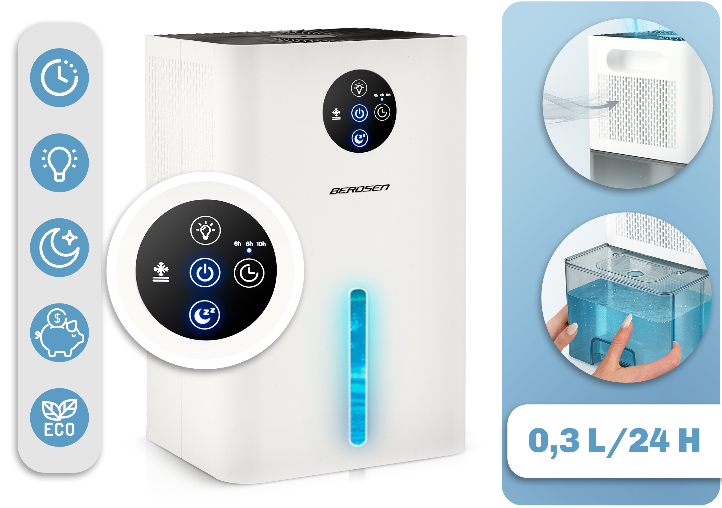 Biały nawilżacz z panelem sterowania. Pokazuje przycisk zasilania, światło i tryb uśpienia. Ikony boczne: timer, światło, księżyc, pieniądze i eko.