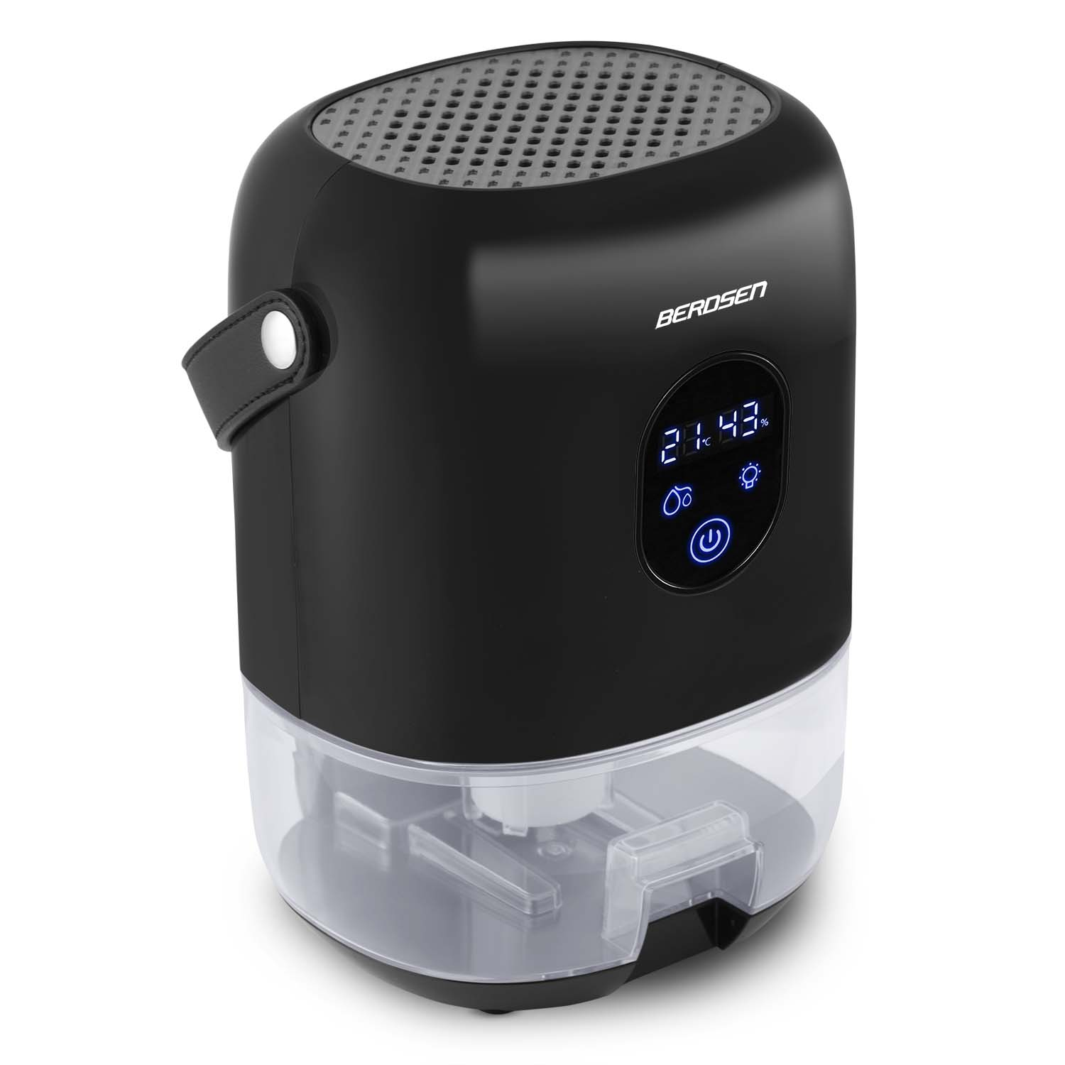 Czarny osuszacz powietrza Berosen. Ma cyfrowy wyświetlacz pokazujący 21.43. Górna część ma perforowaną powierzchnię. Ma uchwyt.