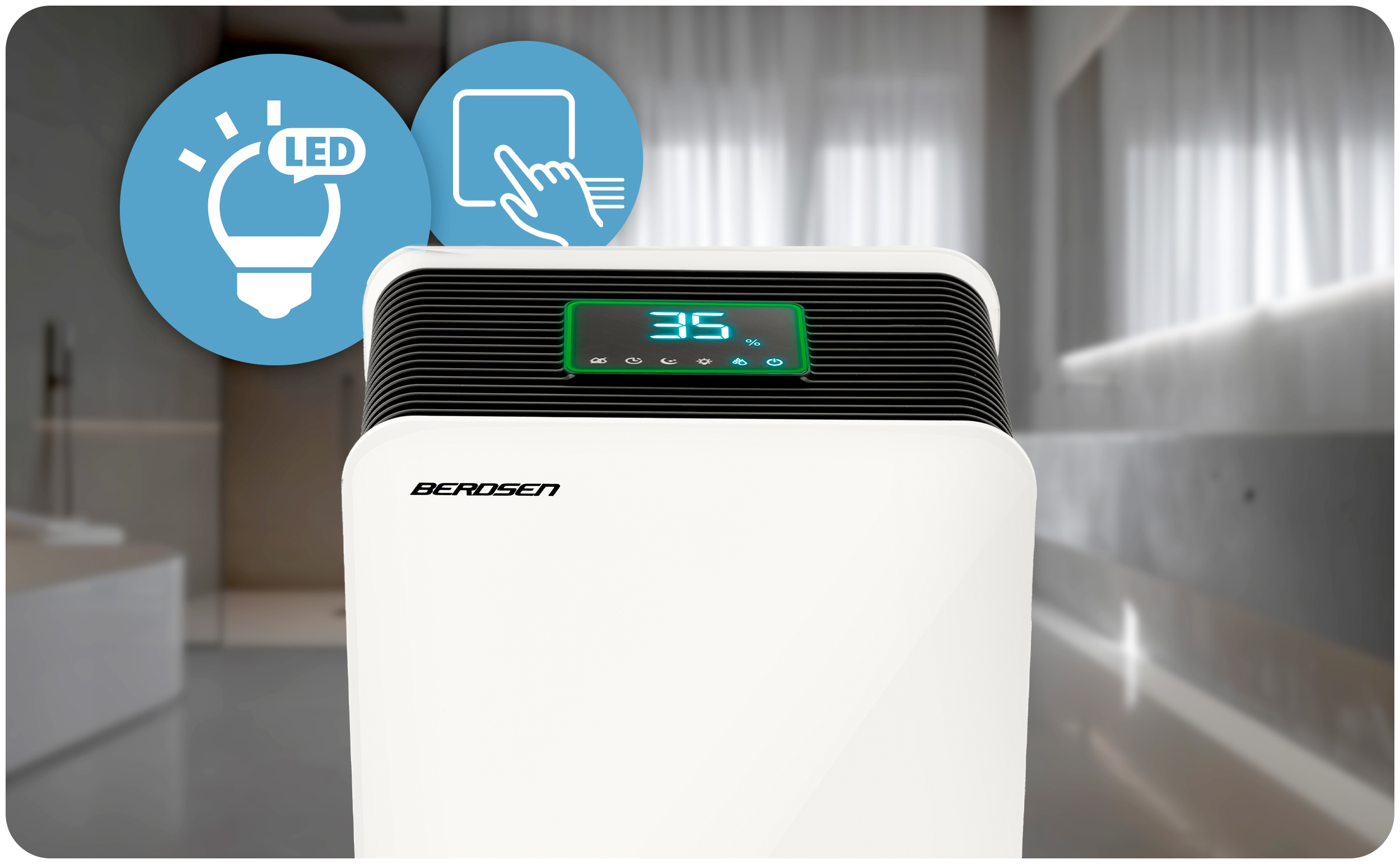 Biały oczyszczacz powietrza z cyfrowym wyświetlaczem '35'. Niebieskie ikony wskazują LED i dotyk.
