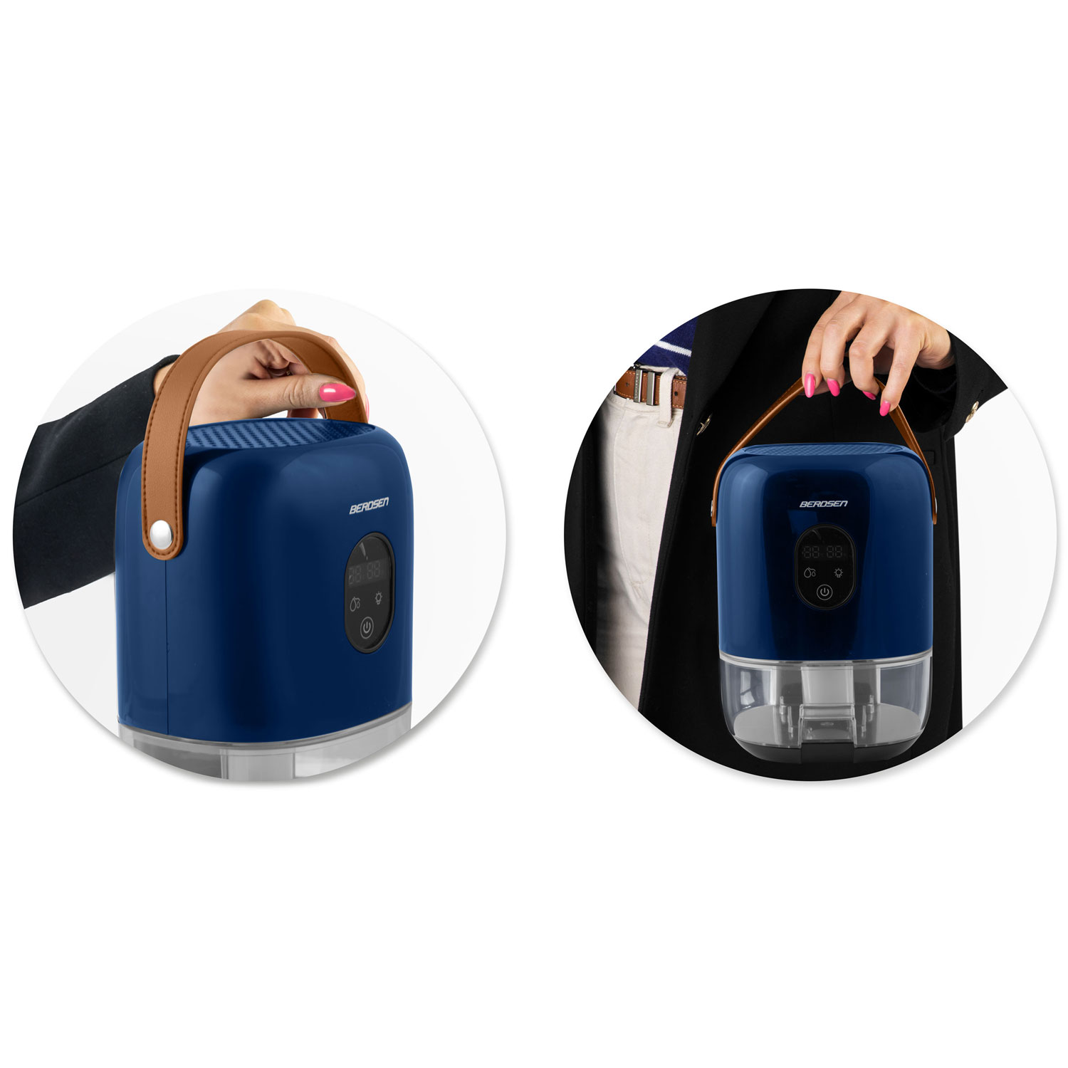 Dwie dłonie trzymają niebieski oczyszczacz powietrza Berdsen. Ma brązowy uchwyt i wyświetlacz cyfrowy. Tło pokazuje części dwóch osób.