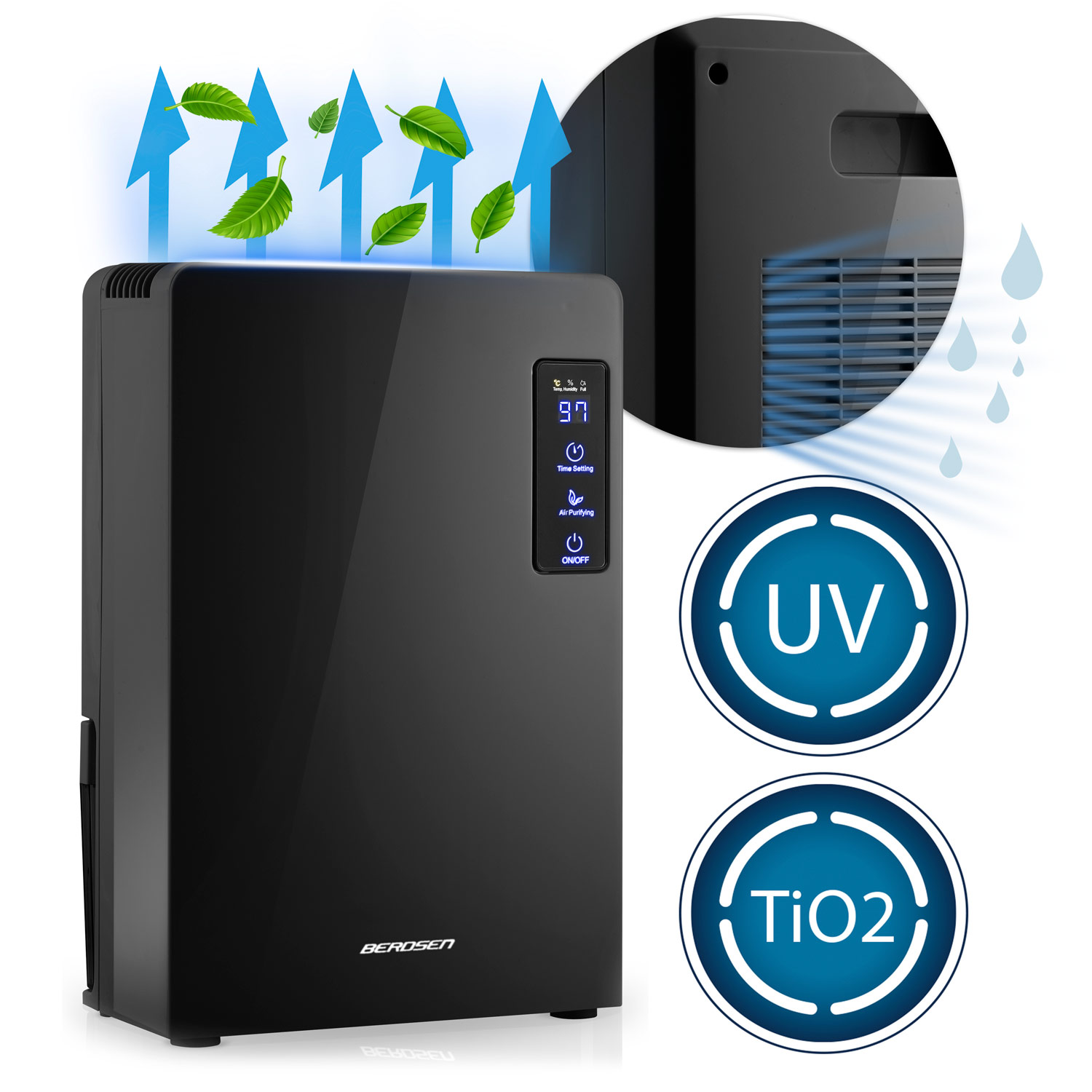Czarny oczyszczacz powietrza z wyświetlaczem cyfrowym, strzałkami, liśćmi i kroplami wody. Z ikonami UV i TiO2.