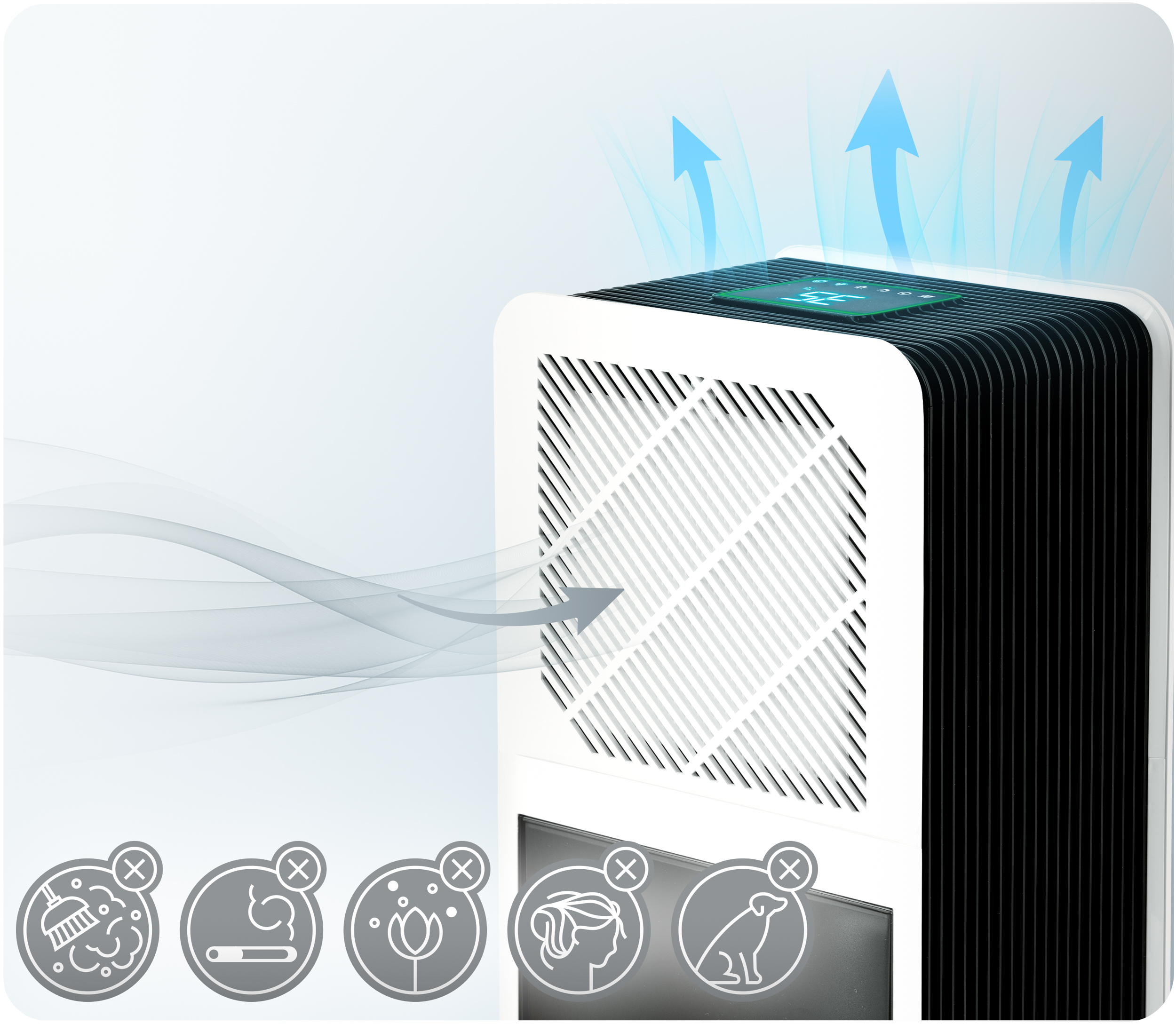 Oczyszczacz powietrza w bieli i czerni, niebieskie strzałki wskazują przepływ powietrza, ikony filtracji.
