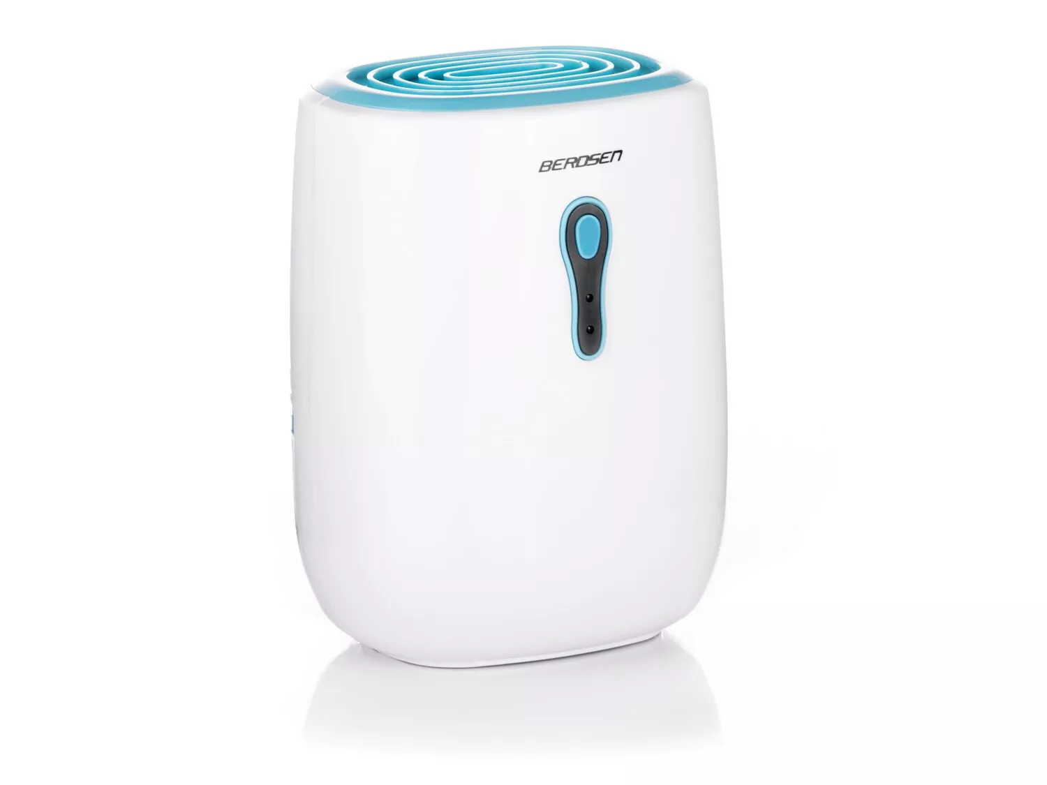 Biały i niebieski osuszacz powietrza BEROSEN. Ma zaokrąglony kształt, z niebieskim blatem i panelem sterowania. Logo jest widoczne.