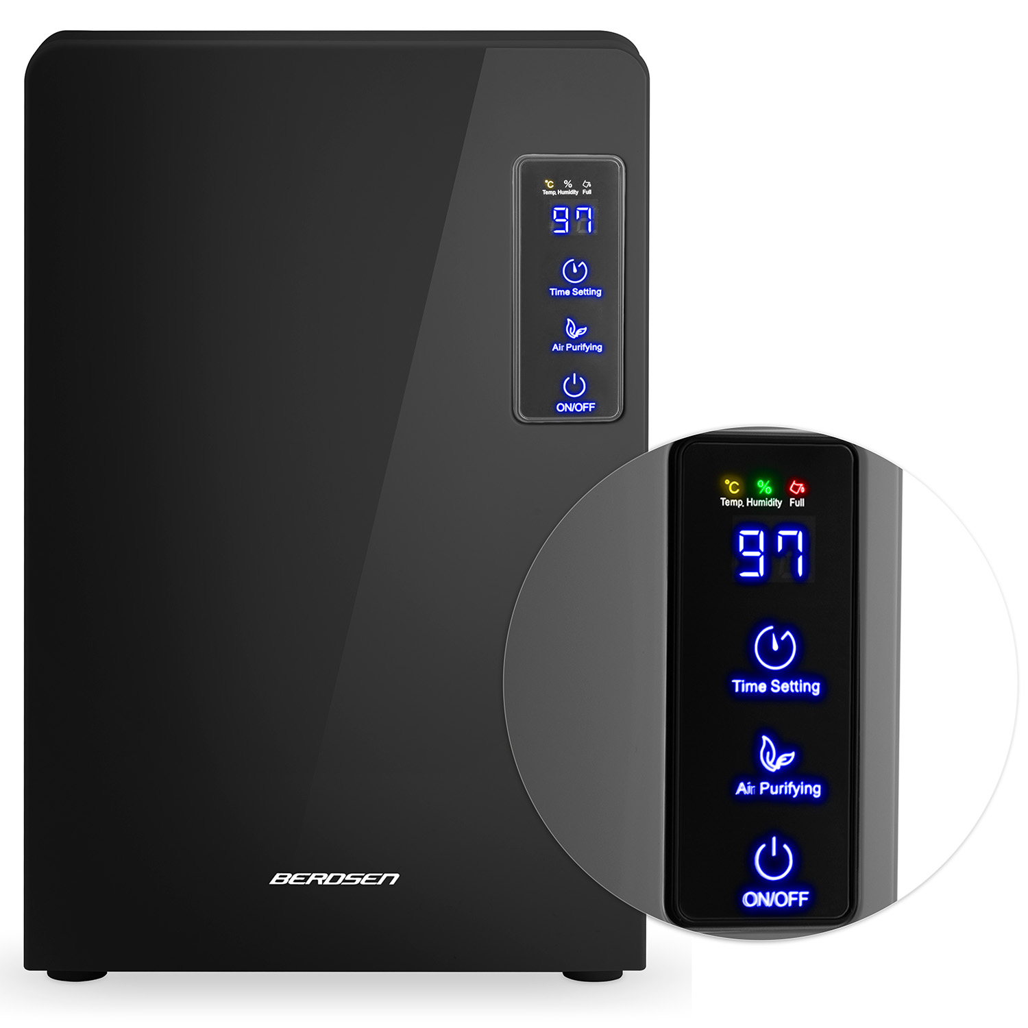 Czarny oczyszczacz powietrza z cyfrowym wyświetlaczem pokazującym 97, czas, oczyszczanie powietrza i opcje włączania/wyłączania. Pokazano powiększony widok.
