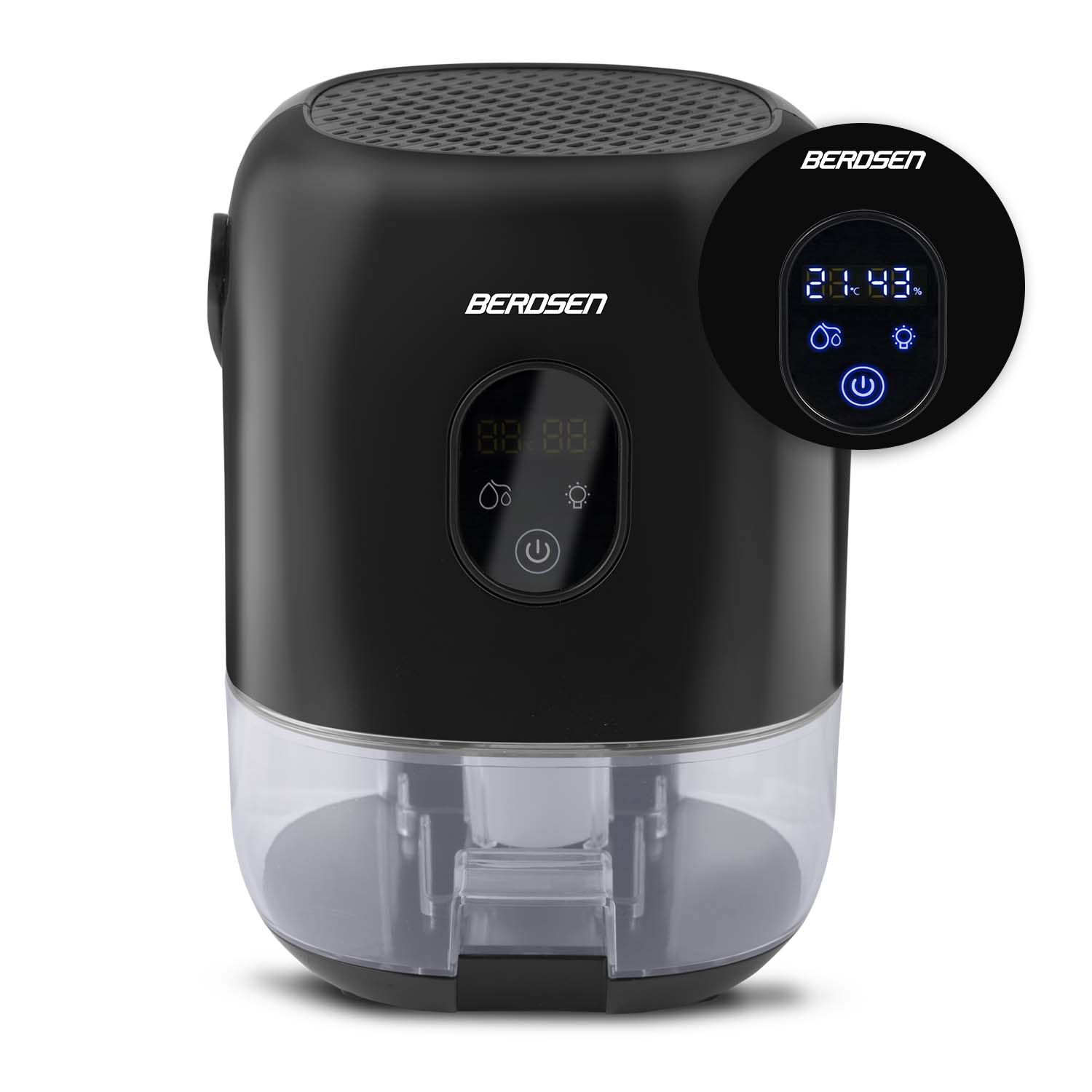 Czarny osuszacz powietrza Berdsen z cyfrowym wyświetlaczem temperatury i wilgotności. Widoczny przycisk zasilania i wskaźnik poziomu wody.