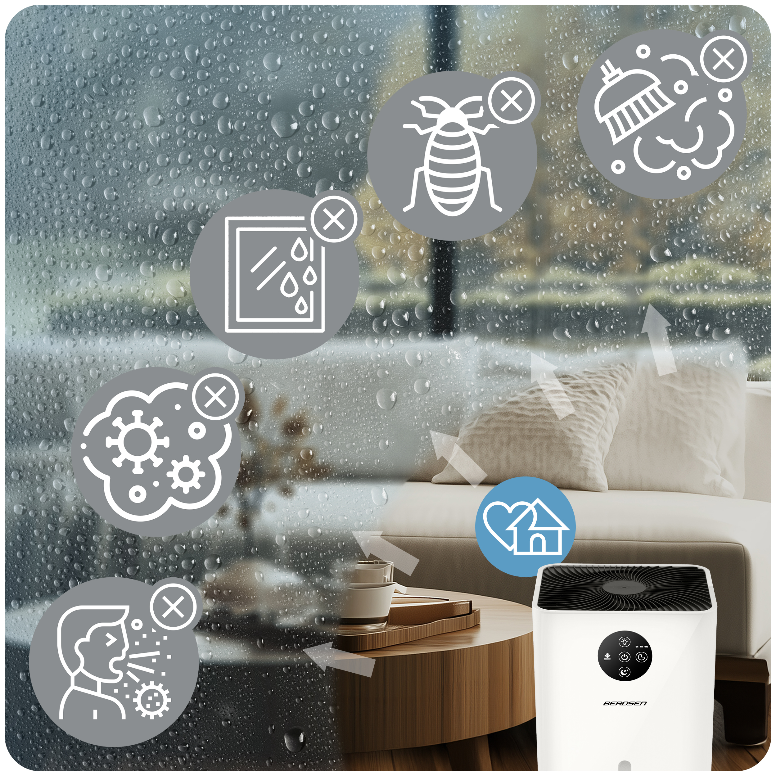 Obraz przedstawiający okno z kroplami deszczu, ikony rzeczy do usunięcia i oczyszczacz powietrza.