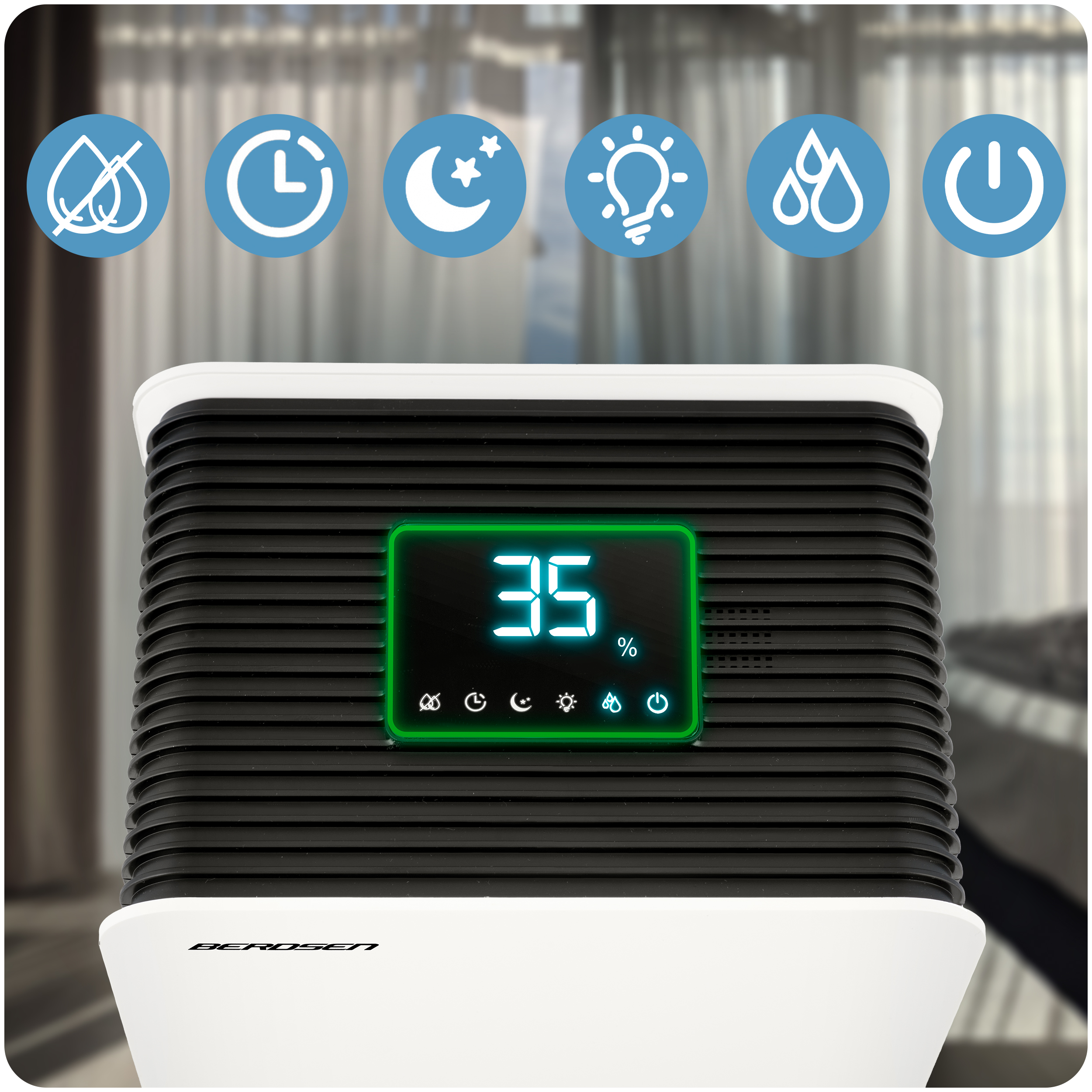 Nawilżacz z wyświetlaczem cyfrowym pokazującym 35%. Ikony braku wody, timera, trybu nocnego, światła, wilgotności i zasilania.