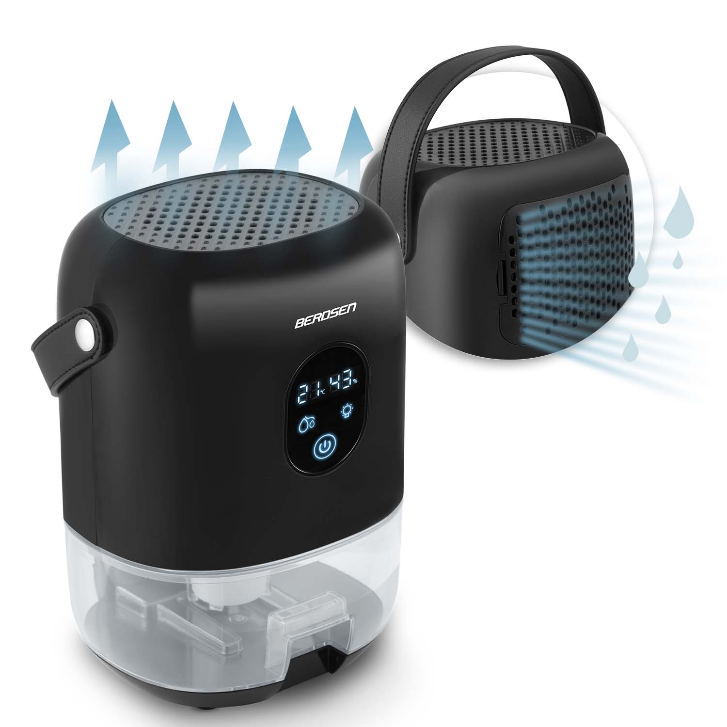 Dwa czarne osuszacze powietrza. Jeden wyświetla godzinę i ma uchwyt. Drugi jest mniejszy z uchwytem i kroplami wody.