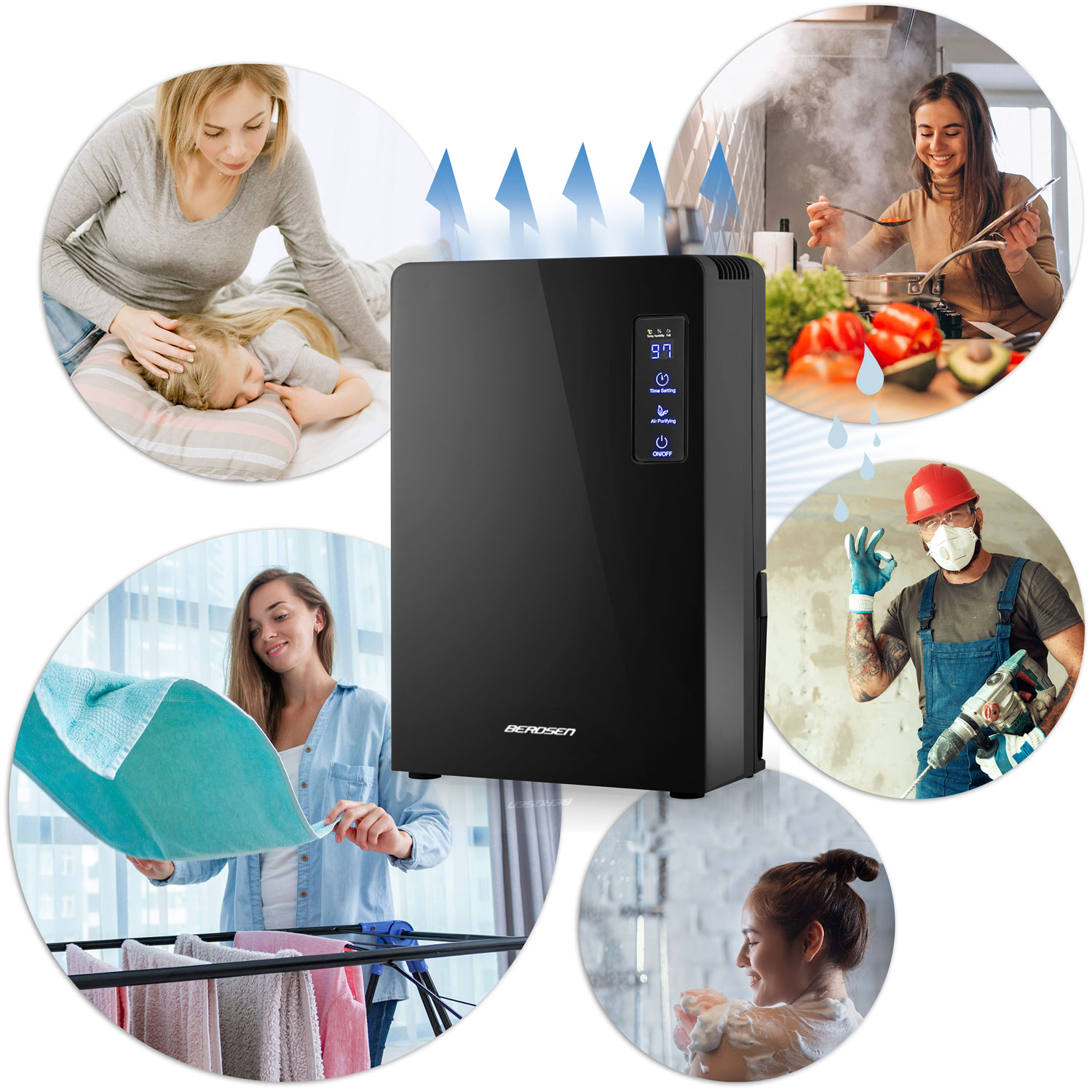 Czarny oczyszczacz powietrza z różnymi scenami: kobieta z dzieckiem, gotowanie, wieszanie prania, branie prysznica i pracownik.