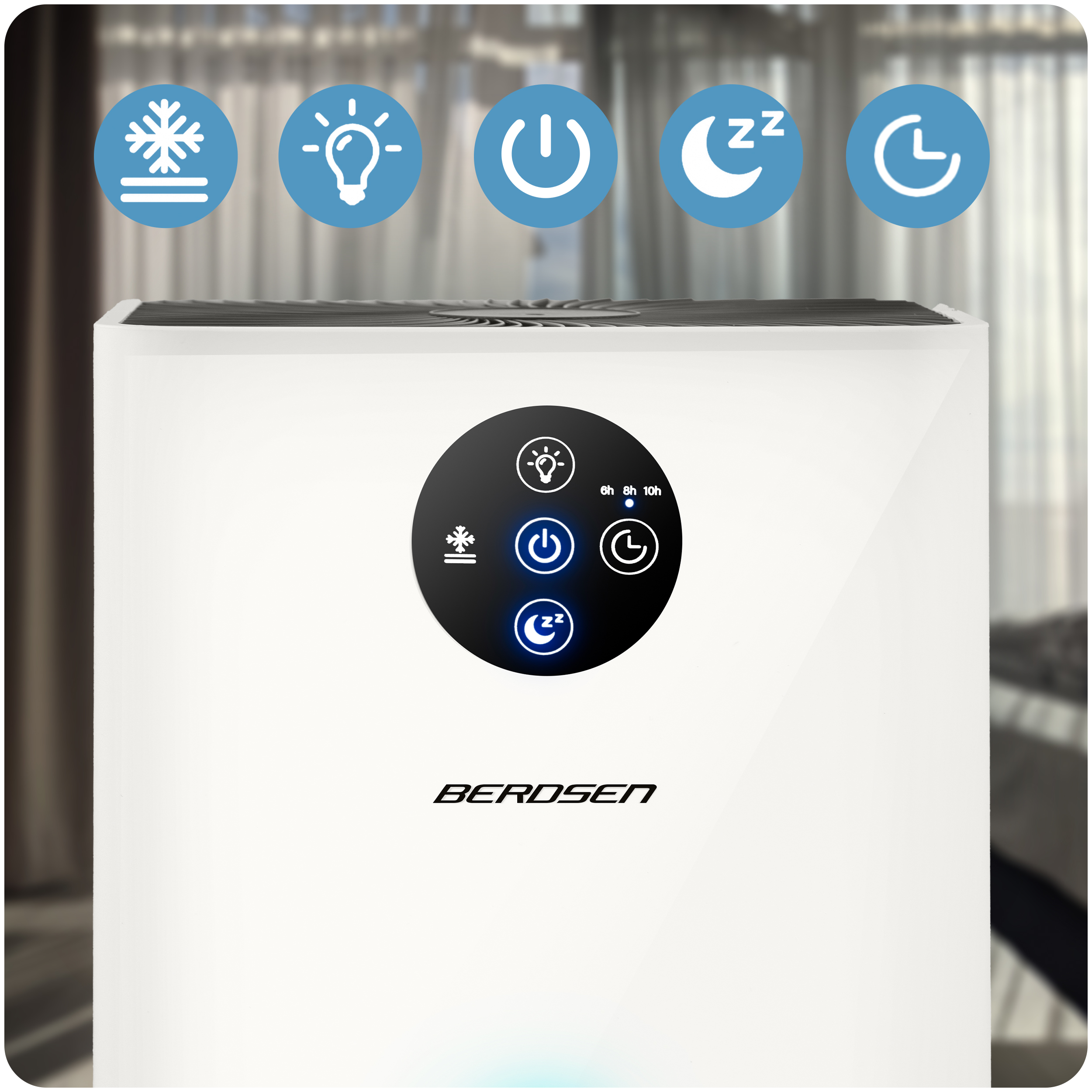 Biały oczyszczacz powietrza z panelem sterowania. Ikony: płatek śniegu, żarówka, zasilanie, sen i timer. Marka: BEROSEN.