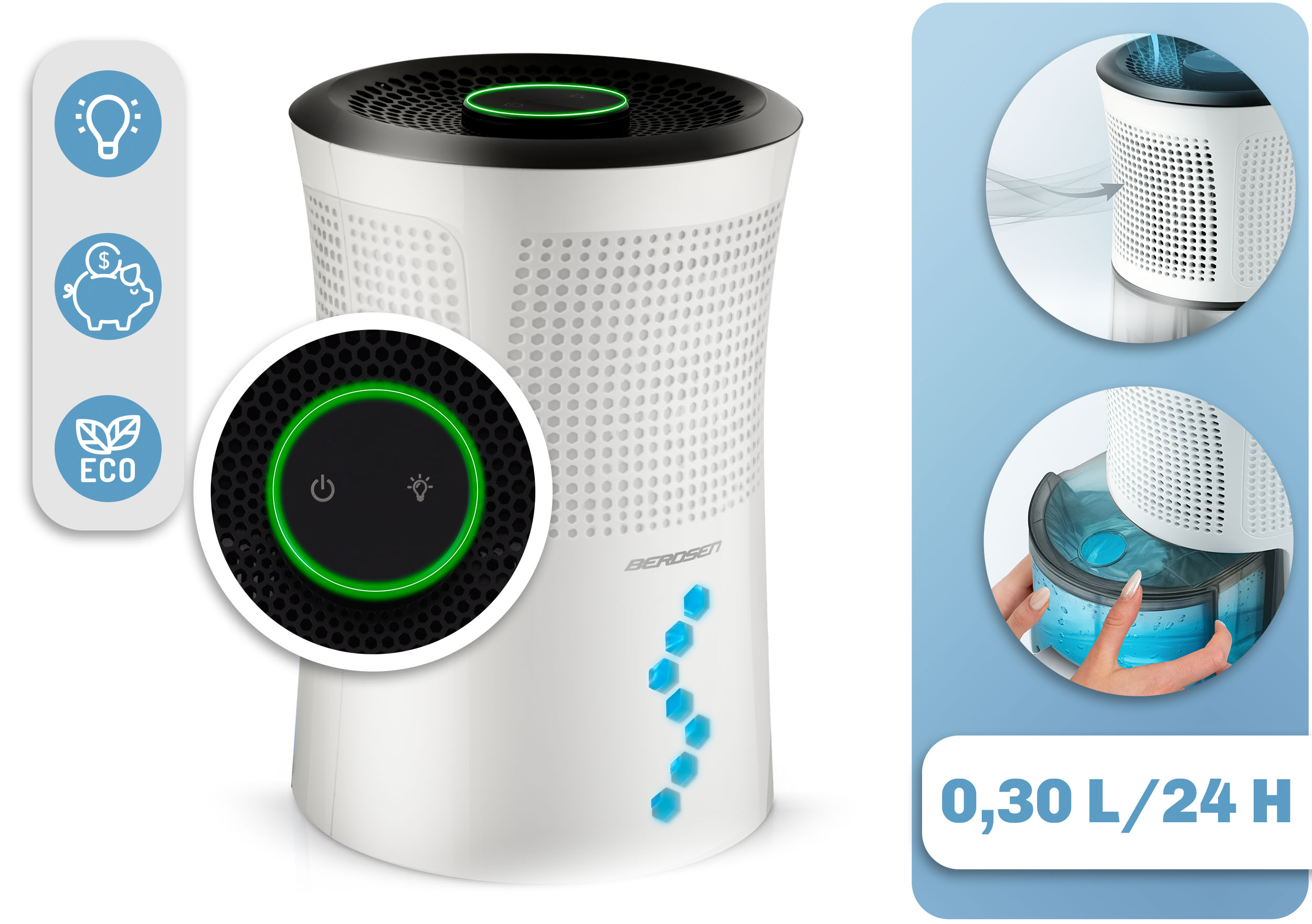 Biały oczyszczacz powietrza z czarnym blatem, zielonymi światłami i niebieskimi akcentami. Szczegóły filtra i panelu sterowania.