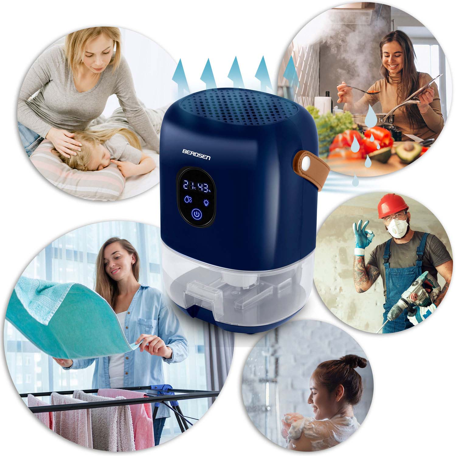 Niebieski osuszacz powietrza BEROSEN otoczony obrazami: kobieta z dzieckiem, gotowanie, suszenie ubrań, prysznic, budowa.