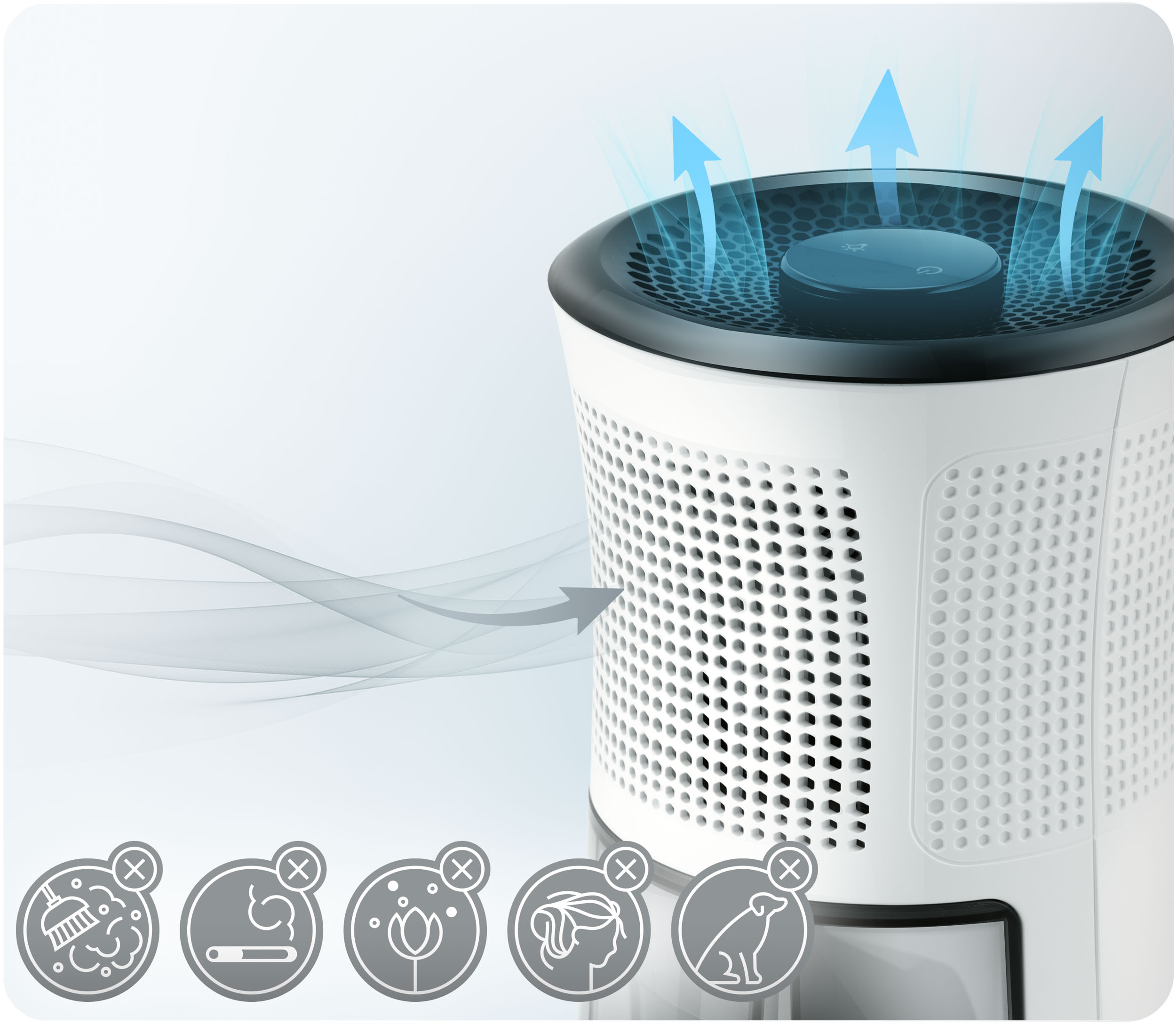 Biały oczyszczacz powietrza z czarnym wierzchem, niebieskie strzałki pokazują przepływ powietrza. Ikony alergenów na dole.