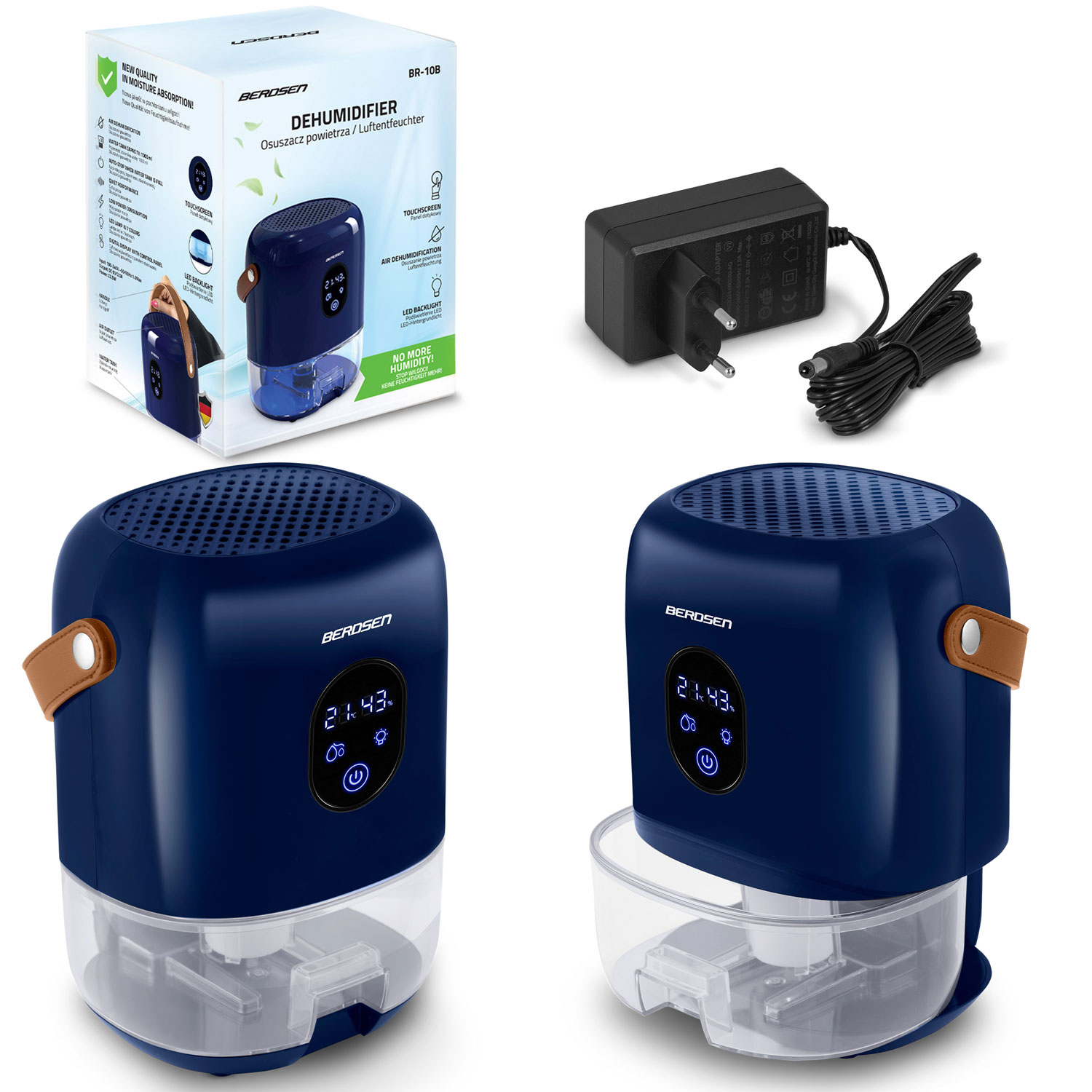 Osuszacz powietrza z niebieską obudową i przezroczystym zbiornikiem na wodę. Posiada cyfrowy wyświetlacz i zasilacz.