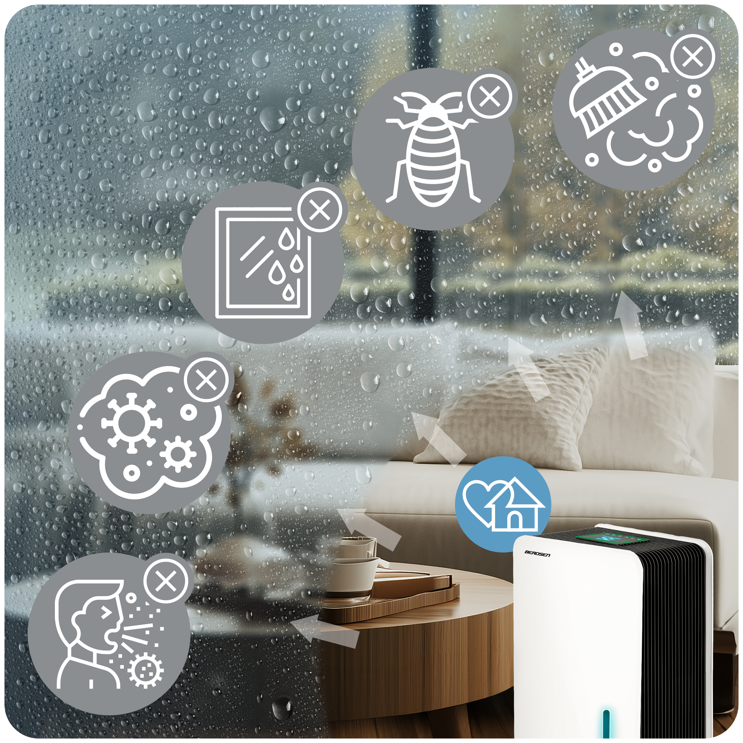 Obraz przedstawia nawilżacz, ikony i okno z kroplami wody. Ikony pokazują, czego nawilżacz zapobiega.