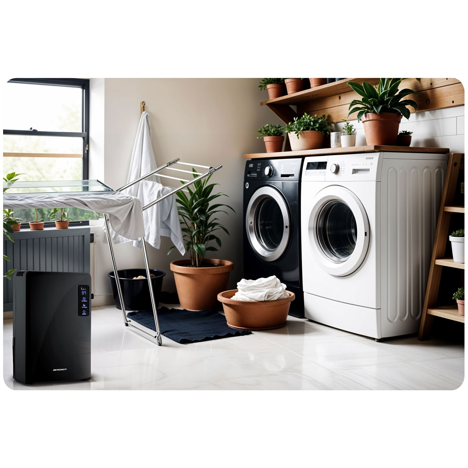 Pralnia z pralkami, roślinami i suszarką. Czarny oczyszczacz powietrza po lewej. Białe i czarne maszyny.