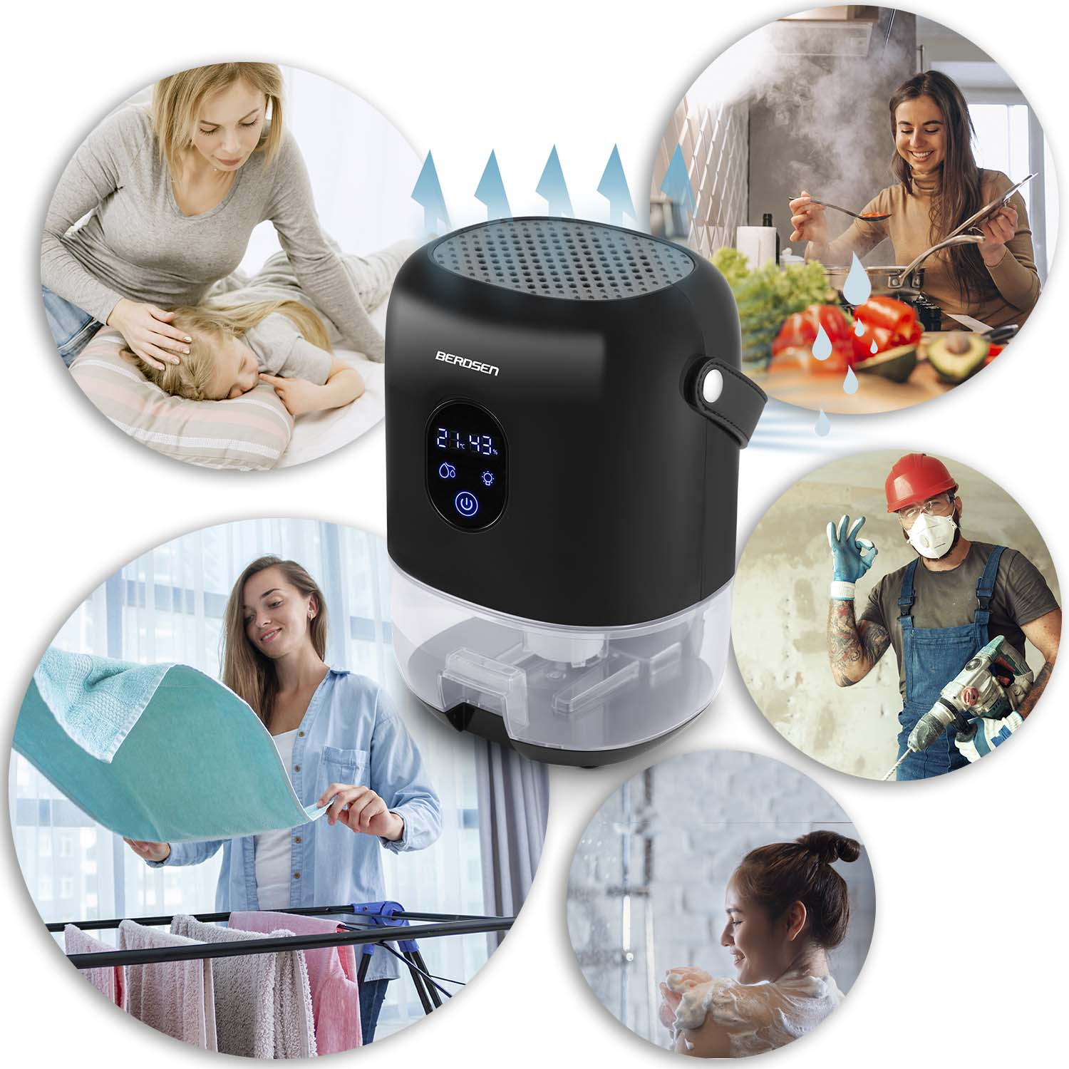 Czarny osuszacz powietrza z wieloma obrazami wokół: kobieta z dzieckiem, gotowanie, wieszanie ubrań, robotnik i kobieta pod prysznicem.