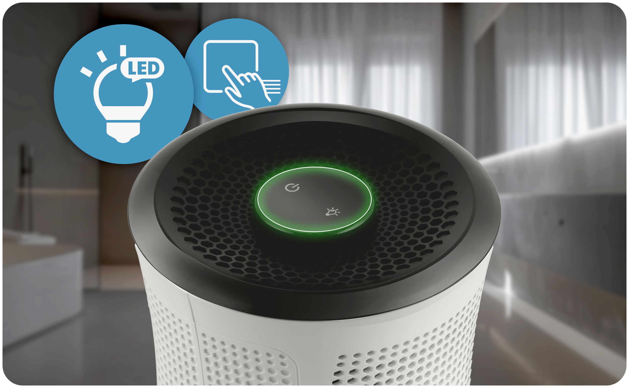 Oczyszczacz powietrza z czarnym blatem i białą obudową. Ikony LED i sterowania dotykowego.