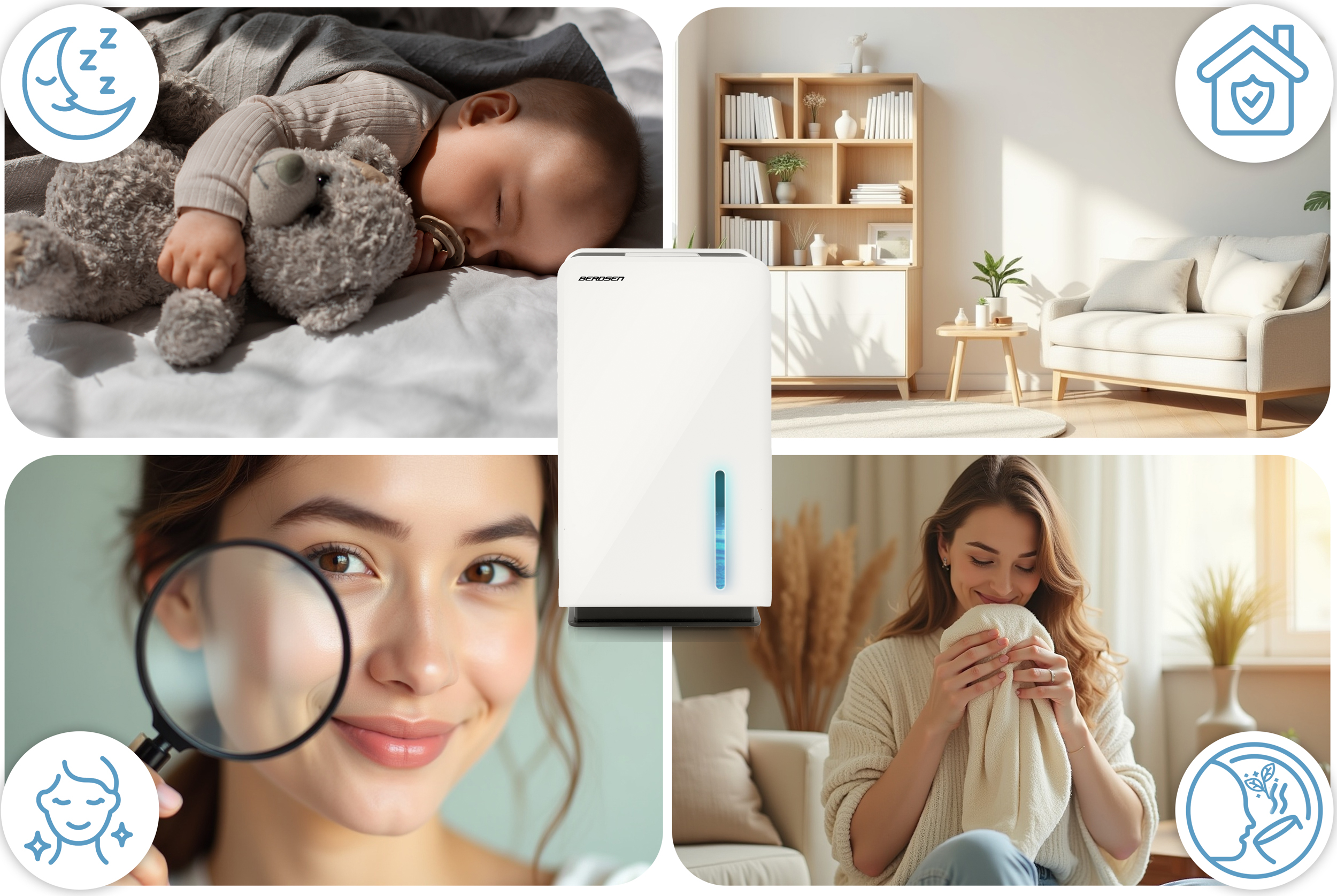 Zdjęcie przedstawia śpiące dziecko z misiem, kobietę z lupą i kobietę wąchającą szmatkę.