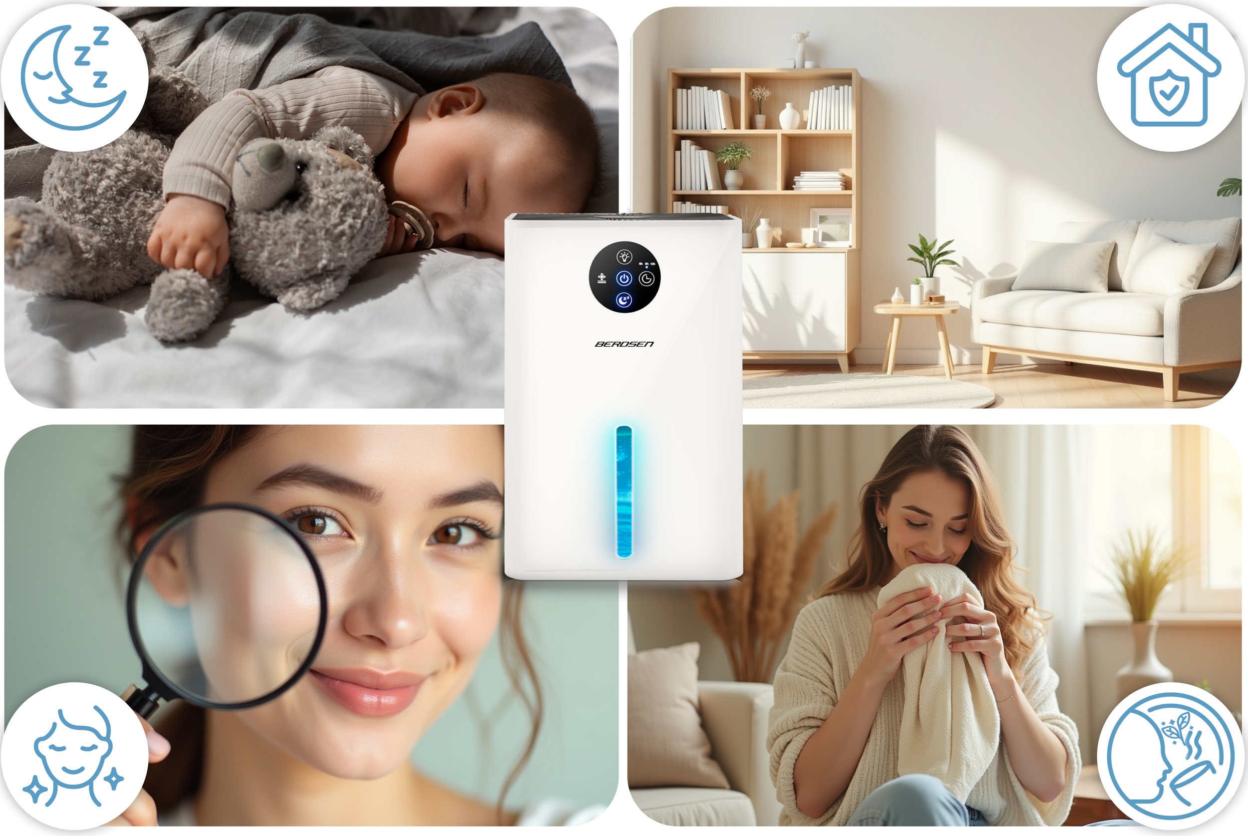 Obraz przedstawia śpiące dziecko z misiem, oczyszczacz powietrza, kobietę patrzącą przez lupę i kobietę wąchającą materiał.