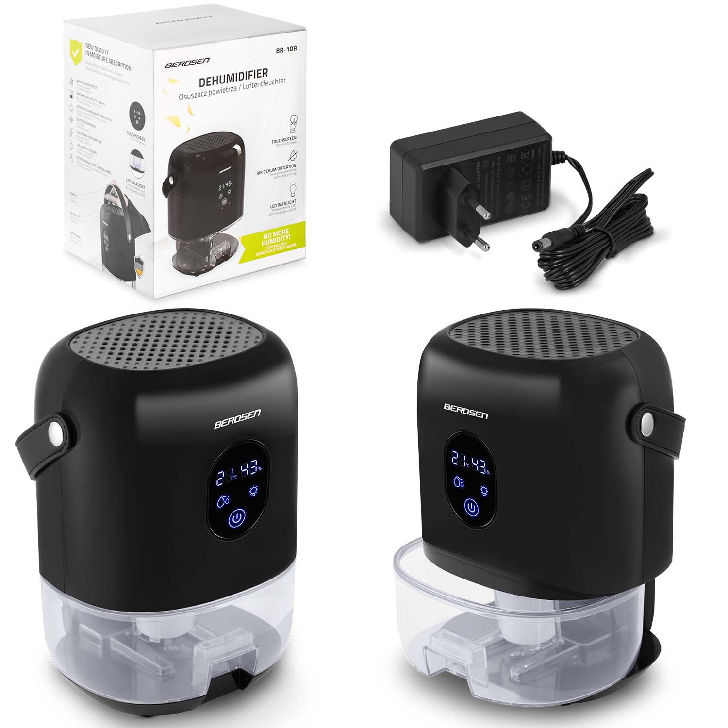 Czarny osuszacz powietrza Berosen z wyświetlaczem cyfrowym, zasilaczem i pudełkiem produktu na białym tle.