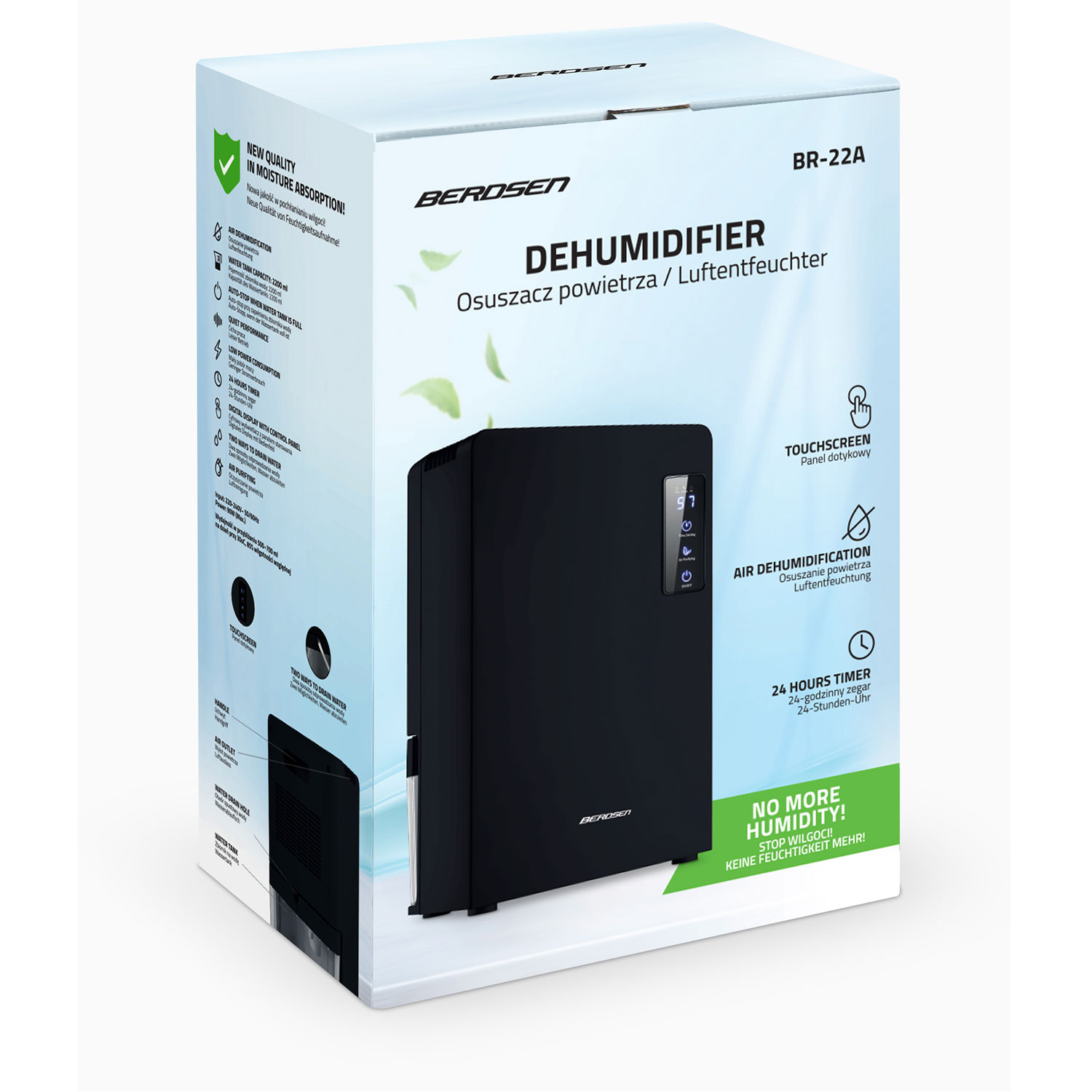Pudełko osuszacza z produktem z przodu. Tekst zawiera 'Osuszacz' i funkcje takie jak 'ekran dotykowy' i 'timer 24 godziny'.