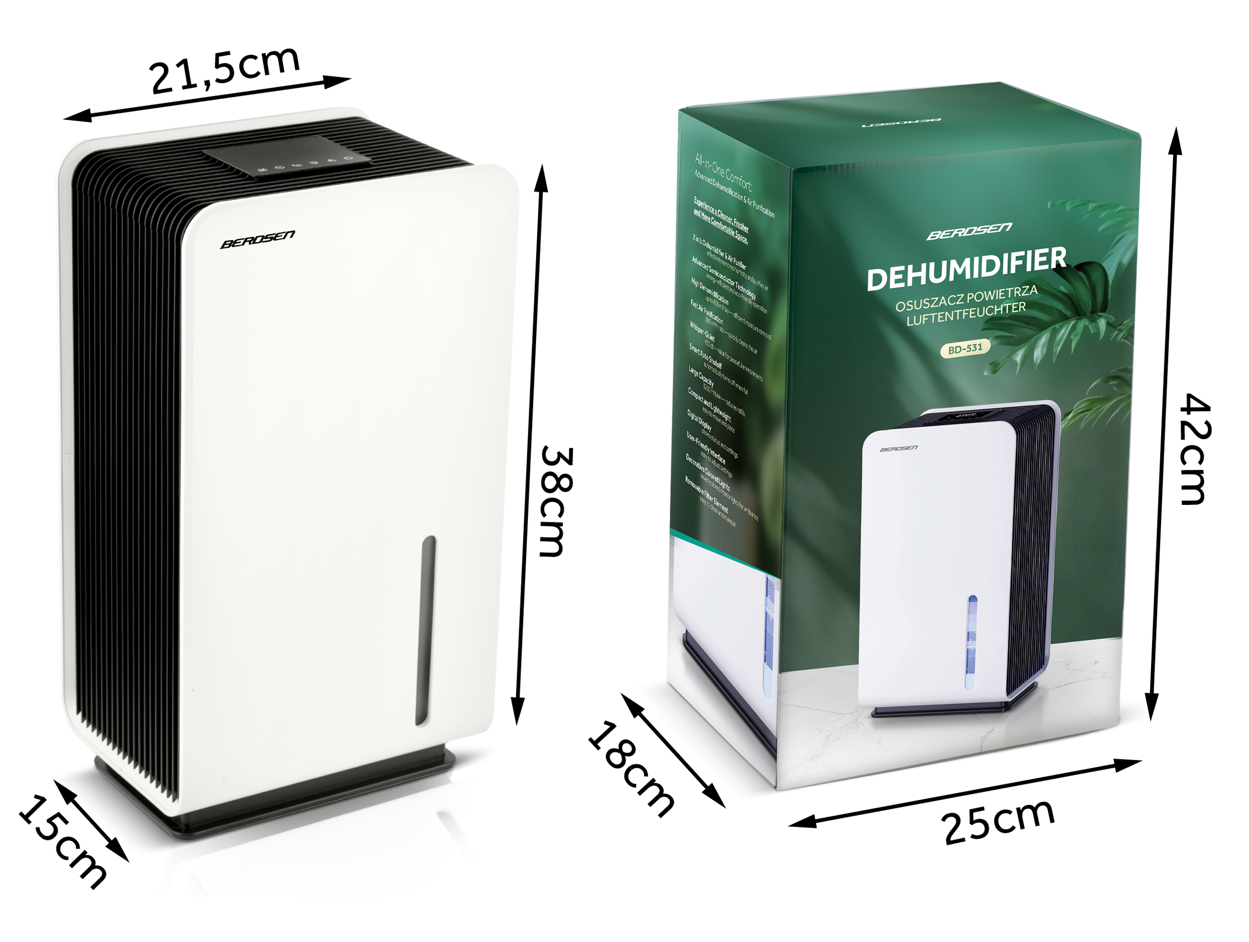 Biały osuszacz powietrza z czarnymi otworami wentylacyjnymi i zielonym pudełkiem. Wymiary w cm.
