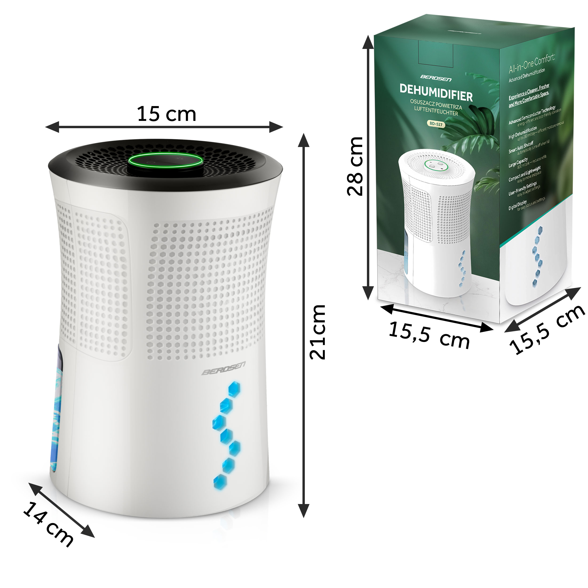 Biały osuszacz powietrza z czarnym blatem i zielonym przyciskiem. Pudełko pokazuje cechy produktu.